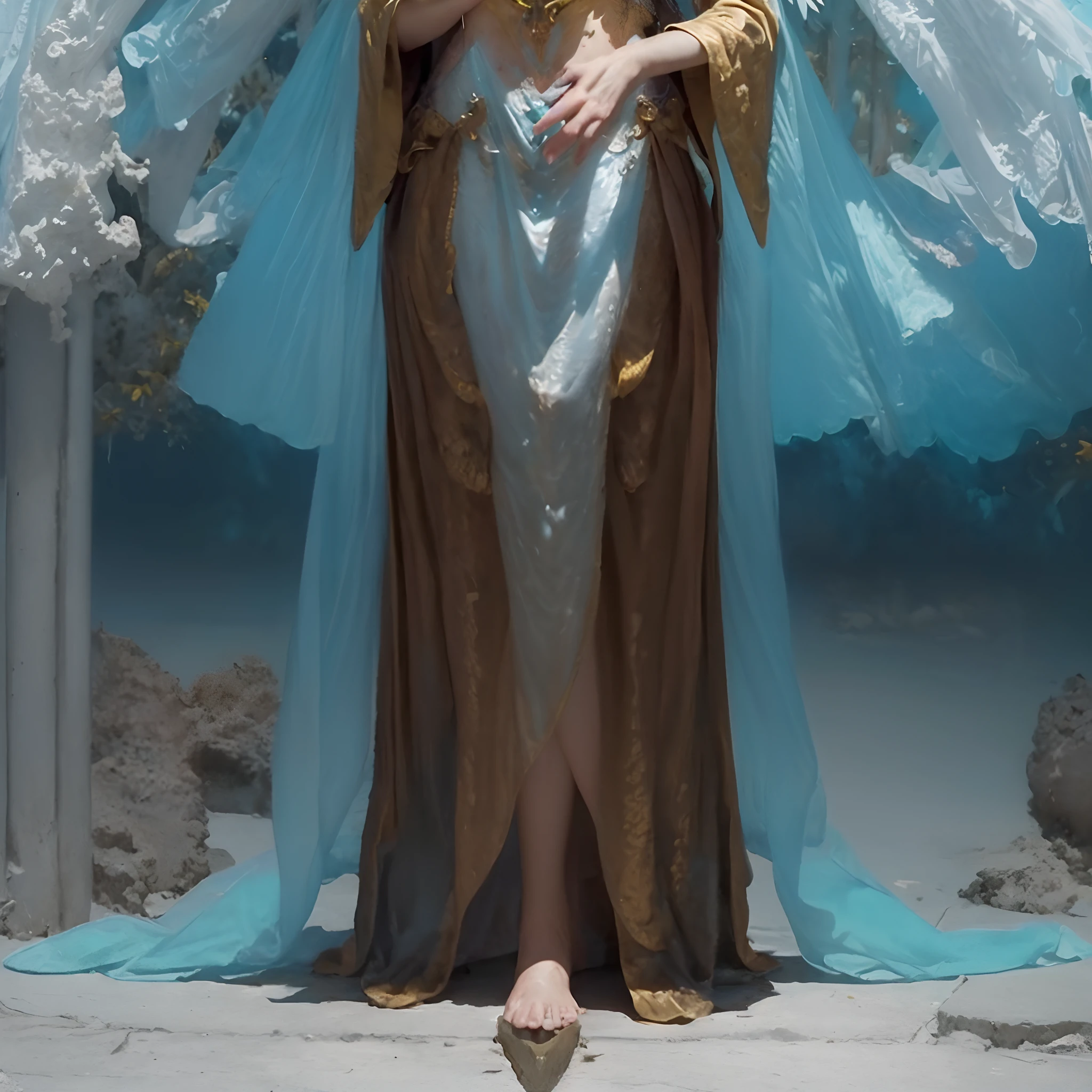 (Numerous award-winning masterpieces of, With incredible details, textures and maximum detail), (full-body standing image:1.8), (up of the upper body:0.3), (Ultra photo realsisim:1.4), (Realistic:1.3), (best quality real texture skin), (Beautiful fairy high wizard: 1.7), (Holding a long wizard's staff,well decorated,Exudes a mysterious glow: 1.7), (Fine true circle Symmetrical eyes), (The beautiful face is beautifully drawn), ((medieval world)), (Wearing a wizard's black hat: 1.6), (Pitch black cloak,Decorated with delicate decorations: 1.6), (Beautifully decorated cloak, Although it is damaged and faded: 1.5), (full-body standing image:1.8), (Beautiful clear eyes), (Slight smile), (Beautiful colored eyes full of joy), (A high-level elven wizard who unleashes magic from your fingertips: 1.3), (Shining majestic cloud masses and sky:1.4), (Powerful glowing magic array: 1.3), Dramaticlight, A majestic sight, (The wings and wings are translucent:1.8), (Four, Transparent wings,The wing veins resemble dragonfly wings behind the shoulders: 1.9), (((Folded wings))), Glass earrings on the ears, (((Dramatic photo))), (full-body standing image:1.8), (Golden hair), (Silver hair), (Maroon hair), short detailed hair, ((head looking up)), ((Looking down)), (Around her neck is a simple necklace of exquisite workmanship), Old ruins infested with plants, great temple, great cathedral, Temple ruins, detached temple, (Luminous magic circle), Ancient Castle Site, Deserted ruins, crumbling ruins, Ancient ruins with clear water, Highly detailed, Ultra-realistic, Intricate details, Painting (artwork of a), ((Masterpiece,Best quality)), ((Cinematic light)), Ultra photo realsisim, fearsome, Dark fantasy, holy rays, epic realistic, Faded, ((com cores neutras)), art, (hdr:1.5), (pastel colour:1.2), ultra - detailed, (Art Station:1.5), Cinematic, warm lights, Light effect, Dramaticlight, (Intricate details:1.1), the complex background, (greg rutkovsky:0.8), (Teal and orange:0.4),