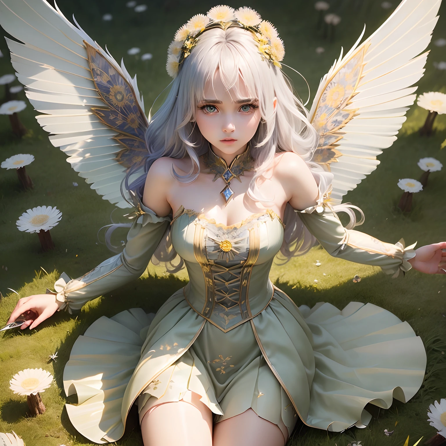(Best Quality,Ultra-detailed,Realistic:1.37)、Dandelion Fairy、An 18-year-old woman、Personification of dandelion、(Sharp eyes:1.5)、Bewitching look、Fairy with wings、(Flashy clothes with dandelion motifs、Emphasis on the characteristics of dandelion)、Dandelion field、Full body