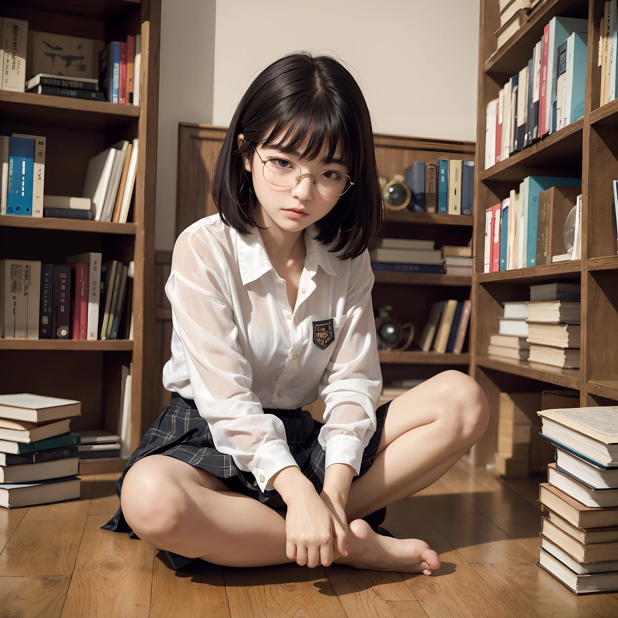 masterpiece、top-quality、High-quality images、hight resolution、in 8K、1lady、Photorealsitic、detaileds、Detailed eye depiction、skin gloss、Lustrous hair、((Black short-haired、More disheveled hair、I'm wearing round glasses、Emotional manifestation:1.3))、dim room、Narrow old room、many bookshelves、Books piled on the floor、Pile of used books、Sitting on the floor and reading a book、Shy and quiet girl、Japan girls at 16 years old、Barefoot Girl、obedient character、Not very confident、real face、care、Good posture、School uniform、Pleated skirt、plaid skirts、cinematlic lighting