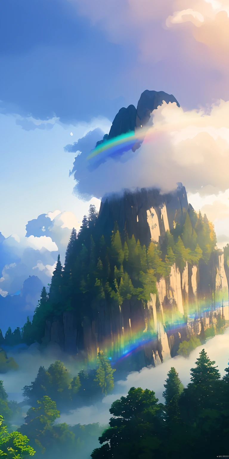 masterpiece, top-quality, (extremely detailed CG unified 8k wallpaper) (top-quality), (The best illustrations), (best shade)、Super Meticulous, blue-sky、Variety of clouds、Wonderfully beautiful, rainbow effects, misty forest