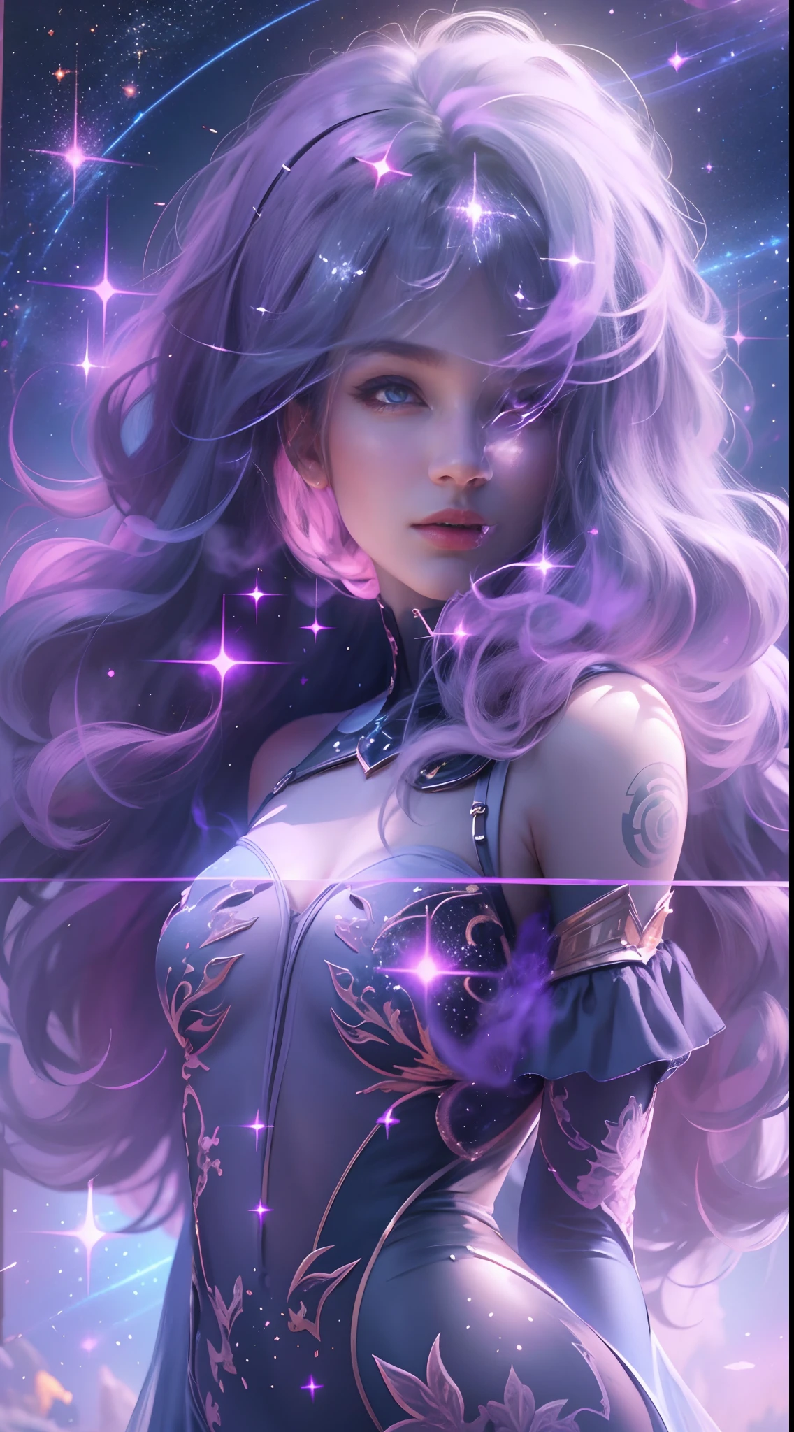 Por favor, Create an image of a girl with a cosmic appearance: Your skin is like the galaxy in shades of purple and blue, their eyes are shaped like twinkling stars, brilhando intensamente. Her hair is long and blue, changing hue like a blue chameleon, com cores que se transformam em harmonia. I would like to see this creation in 4K resolution to capture all the fascinating details."