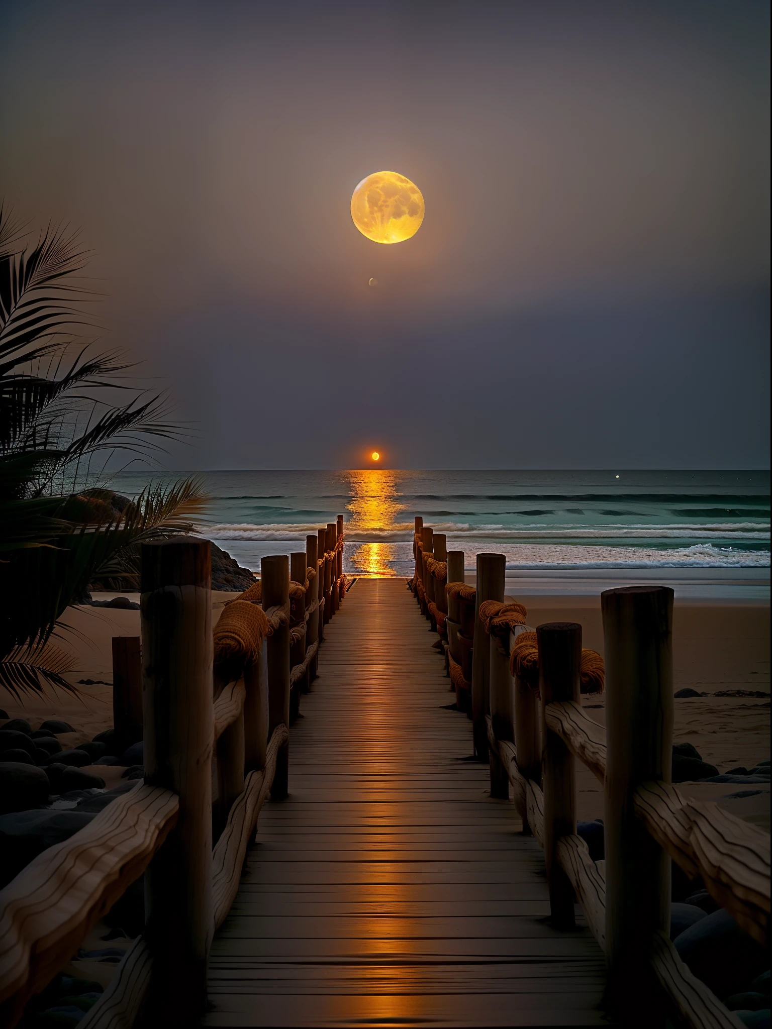 Alafid view of the beach，With a wooden walkway to the sea, walking towards the full moon, looking at the full moon, beautiful moon light, sandy white moon landscape, stunning moonlight and shadows, night time moonlight, moonlit night dreamy atmosphere, Full moon buried in sand, dramatic moonlight, beautiful moonlight night, the glow of the moonlight, Dramatic moonlight lighting
