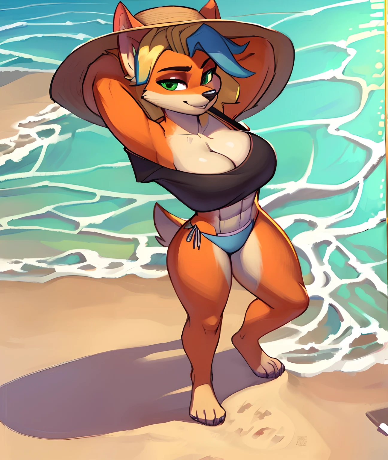 [piratetawna], [Uploaded to e621.net; (Pixelsketcher), (wamudraws)], ((masterpiece)), ((solo portrait)), ((full body)), ((bird's-eye view)), ((furry; anthro)), ((detailed fur)), ((detailed shading)), ((beautiful render art)), {anthro; orange fur, black nose, beautiful green eyes, blonde hair blue highlights, long curly hair, smug smirk, (beautiful legs), (beautiful feet), (defined leg muscles), (defines abs)}, {(red off-shoulder tee shirt), (cleavage), (midriff), blue bikini bottoms, (straw sun hat)}, {(standing), (arms above head))}, [background; (beach), (beautiful ocean), (blue sky), (sun rays)]