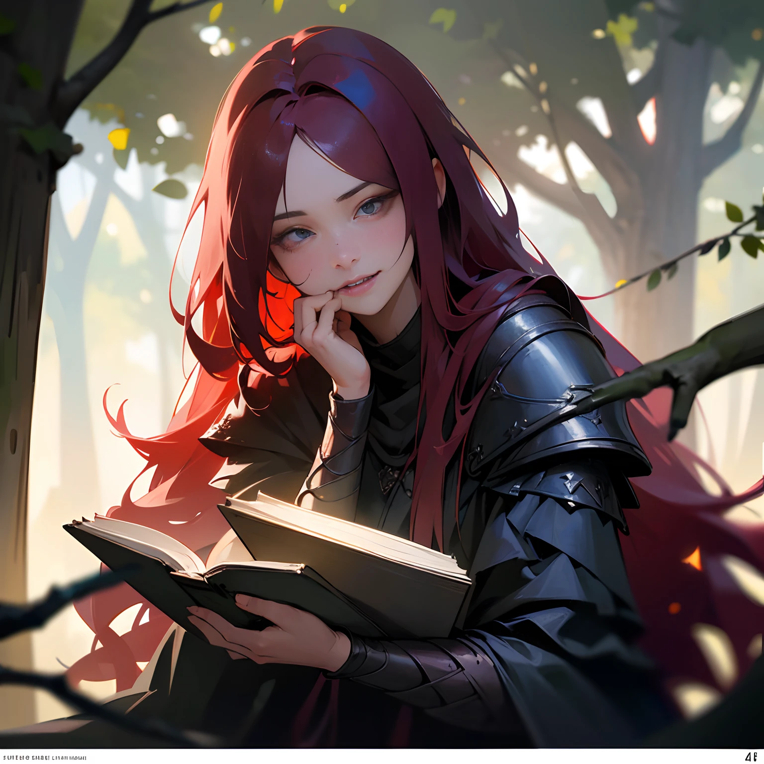 A girl with long red flowing hair, Wear a black blindfold to cover one eye, The other eye is blue, Wears black lightweight armor, Draped in a long red cloak, Fangs on the mouth, Against the background of ruins, Leaning against a tree and reading a book. (Best quality,4K,8K,A high resolution,Masterpiece:1.2), Ultra-detailed, (Realistic,Photorealistic,photo-realistic:1.37), hdr, hyper HD, Studio lighting, Vivid colors, Bokeh, Illustrations, sportrait, dark hues, Light through the branches.