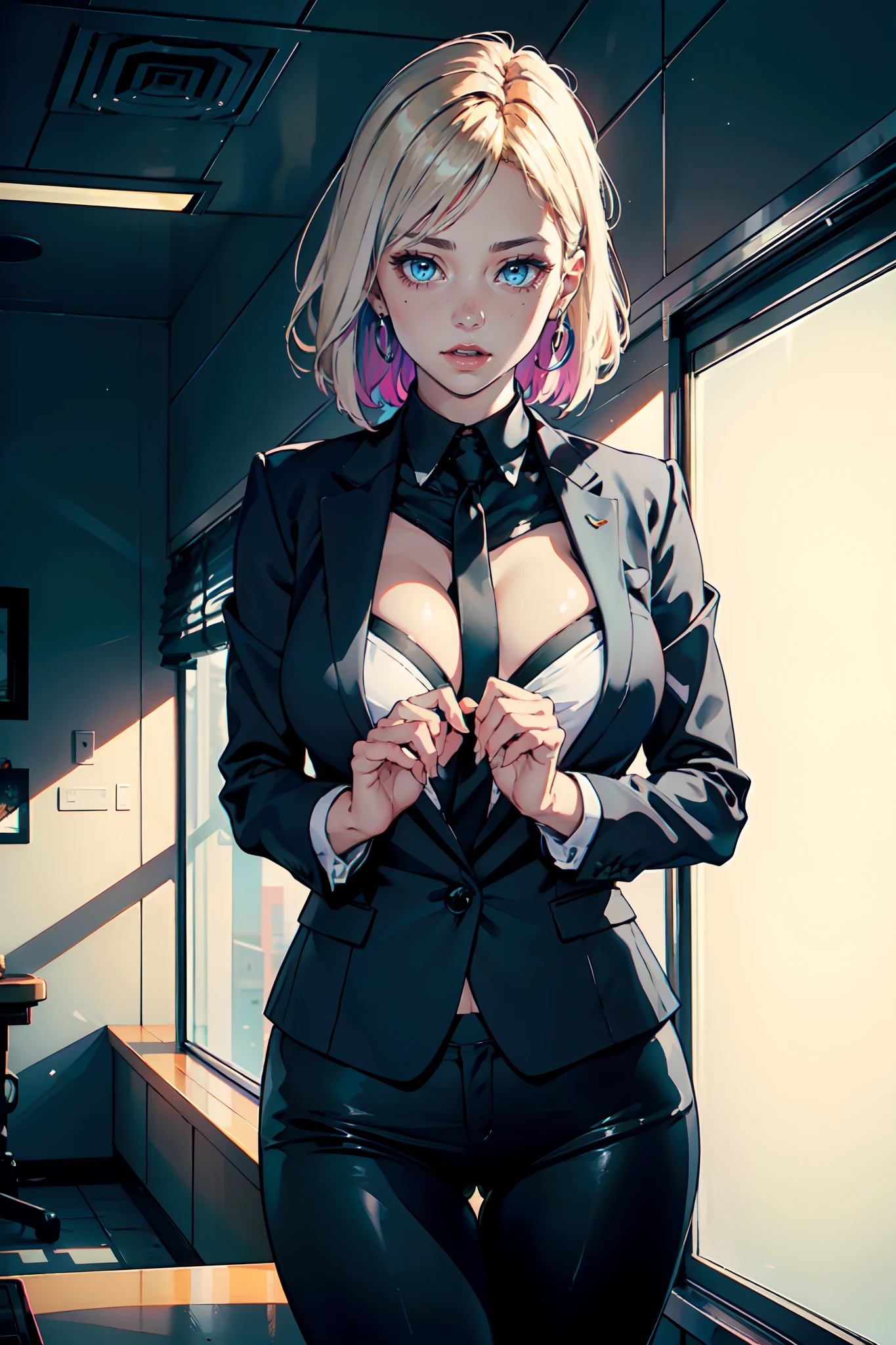 The photo was taken in a plain white background. The girl on focus, She is facing the camera. She is standing and you can see her on the office. She is wearing business suit, which is very nice, for roleplay porpuses, revealing her body, she has a professional suit on, and you can see her on her pretty outfit, she is also reaching for the viewer, so she looks really good. She is very excited and naugthy, and her shouldes are bare, she has huge breast, that are massive and insanely big. With a very clear sky. Her hair is blonde and short, with colored streaks, or blonde multicolored hair, which is short. She is reaching for the viewer with her hands, and she is very excited and happy, she has an evil grin, or maybe not. The shadows in the photo are impressive. The girl is illuminated perfectly. The rest of the photo is perfect with a very white background. This creates a sense of pleasure and intrigue. The colors are all vibrant and satisfying to look at. The face is very realistic, and she is very detailed as well, she is appealing to look at. The general mood of the photo is sensual and alluring. The girl is the center of attention of the photo, And its beauty is undeniable. The beautiful setting and dramatic colors create a sense of hypnosis and excitement. This photograph is a perfect example of professional cinematic photography. It is well lit, well-proportioned, And the theme is absolutely amazing. It is sure to attract the attention of anyone, Who will see it. You could put a ornaments in her hair. Whatever, As a result, the photo will be composed?, It is sure to be a stunning and memorable image.