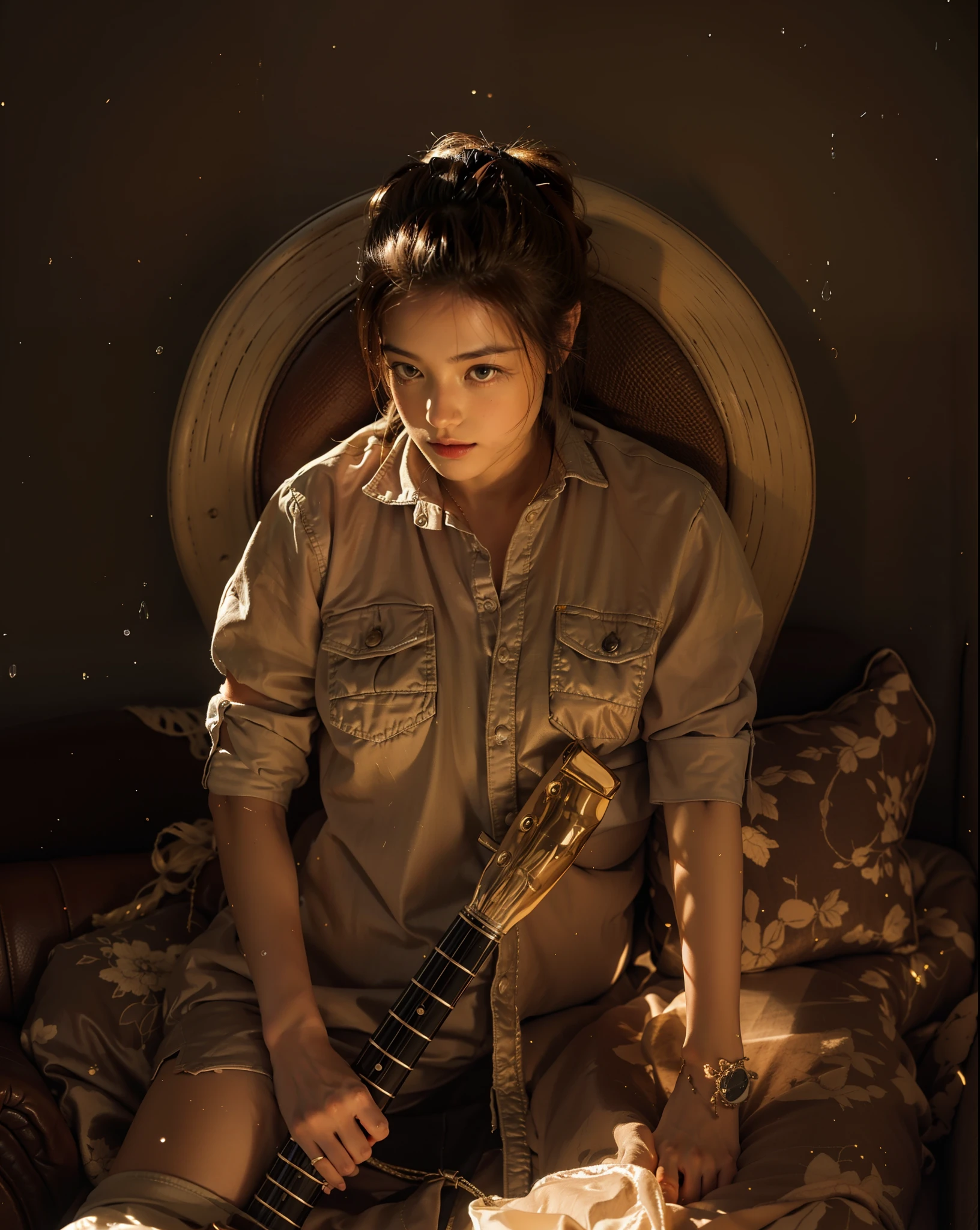 1girl,sitting on a cozy couch,crossing legs,soft light