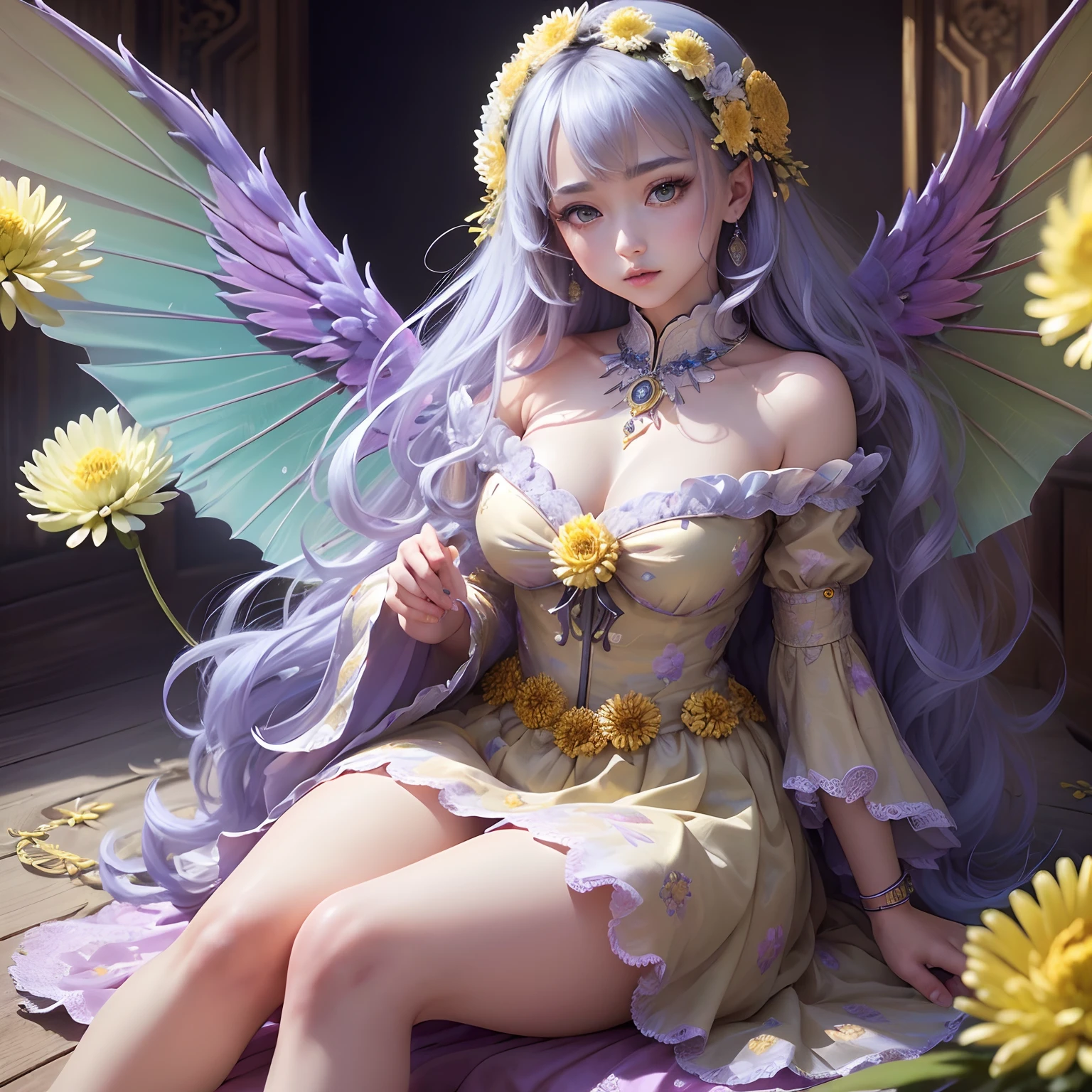 (Best Quality,Ultra-detailed,Realistic:1.37)、Chrysanthemum Fairy、An 18-year-old woman、Personification of chrysanthemums、(Sharp eyes:1.5)、Bewitching look、Fairy with wings、(Flashy clothes with chrysanthemum motifs、Emphasis on the characteristics of chrysanthemums)、Kikubata、Full body