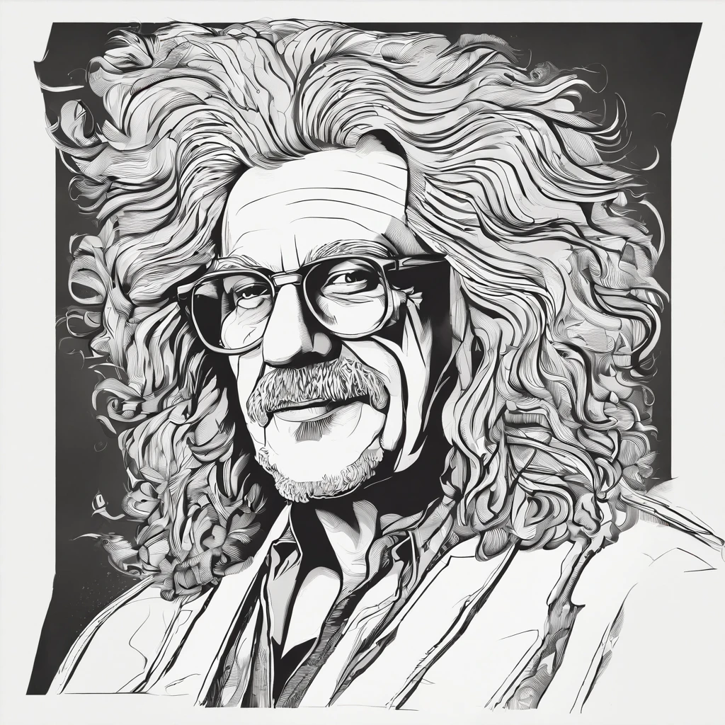 man with long hair, his hair is white, his hair is disheveled and a bit messy, this man wears glasses with a round frame, he appears to be 55 years old, he has fair skin, black eyes and an expression captivating. he is wearing a docter. his face resembles albert einstein's face, 4k.