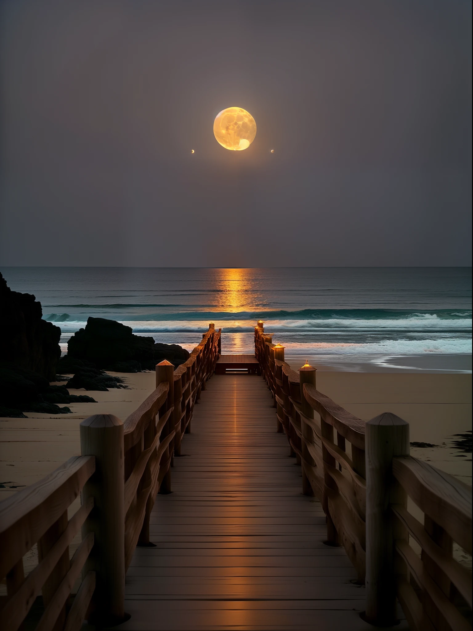 Alafid view of the beach，With a wooden walkway to the sea, walking towards the full moon, looking at the full moon, beautiful moon light, sandy white moon landscape, stunning moonlight and shadows, night time moonlight, moonlit night dreamy atmosphere, Full moon buried in sand, dramatic moonlight, beautiful moonlight night, the glow of the moonlight, Dramatic moonlight lighting