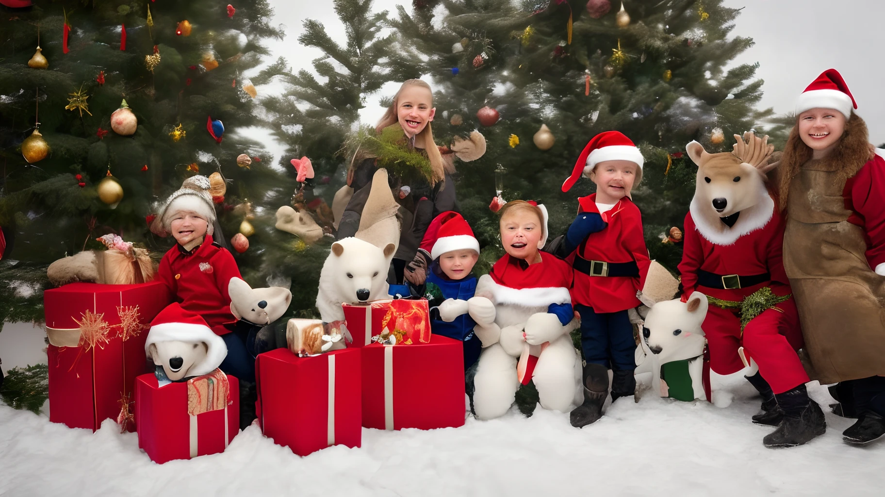 Winter, with polar bears, Santa suits, deer and reindeer, and gift boxes.2-3 deer, a kind wolf