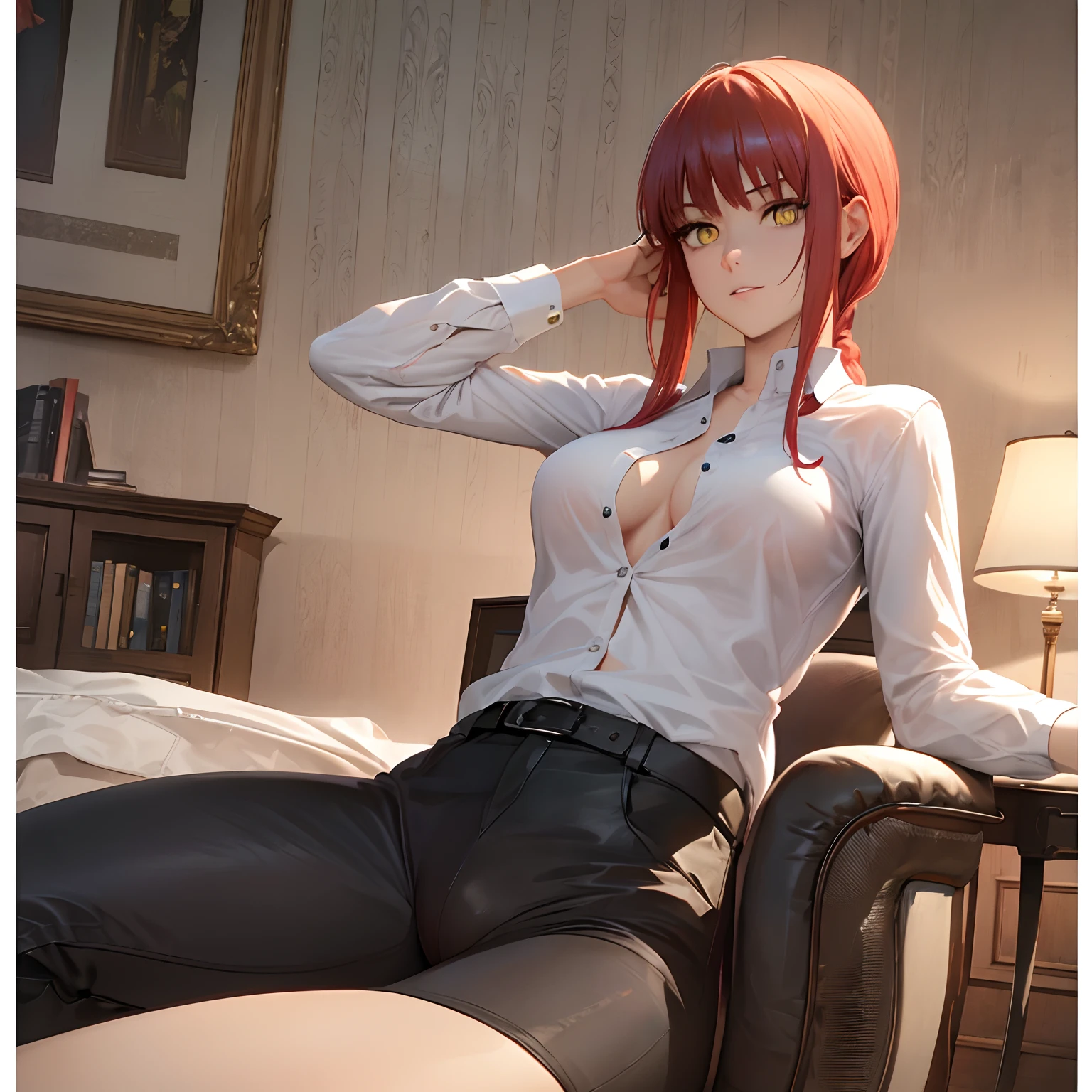 ((top quality, 8k, masterpiece: 1.3, ultra hd, high quality, best quality, high definition, realism)), sharp focus: 1.2, Beautiful woman with a muscular body, Red hair, Beautiful yellow eyes, sharp eyes, Beautiful and cruel face, thin face, big tits, White formal shirt with open buttons, tight black pants, Abs, Arm muscle, Sexy and seductive pose on chair, Both legs open wide