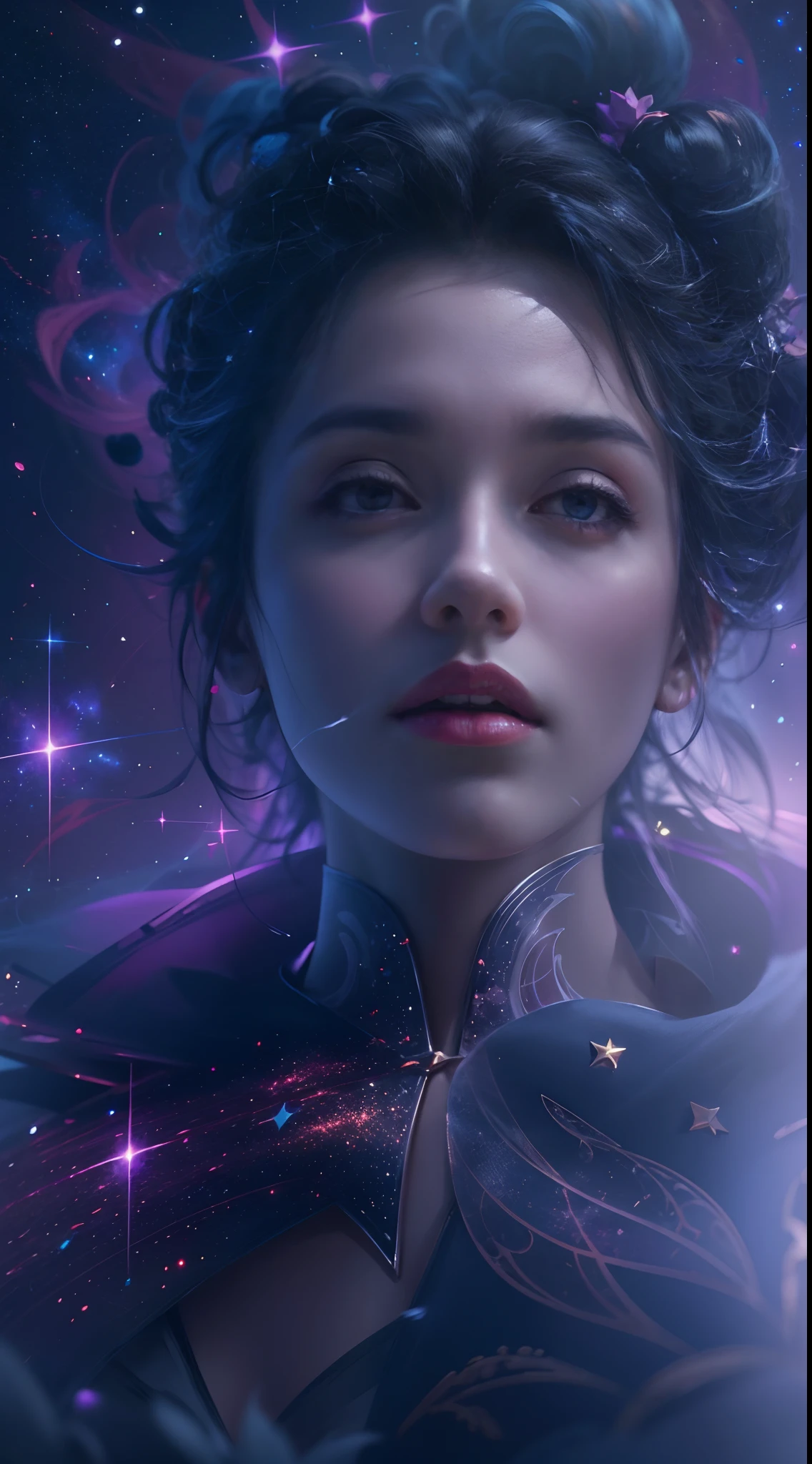 galaxias, space, Starcloud, stars, glitters, Smoke, (Girl shape), intricately details, rendering by octane, Ultra photo realsisim , rendering by octane, 8K, uplit ,Purple dream art