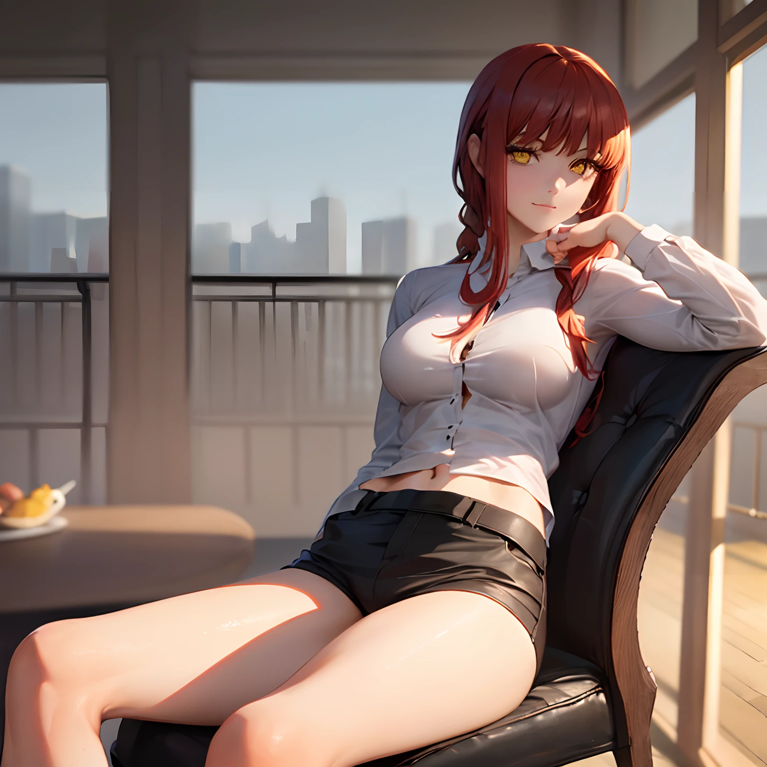 ((top quality, 8k, masterpiece: 1.3, ultra hd, high quality, best quality, high definition, realism)), sharp focus: 1.2, Beautiful woman with a muscular body, Red hair, Beautiful yellow eyes, sharp eyes, Beautiful and cruel face, thin face, big tits, White formal shirt with open buttons, tight black pants, Abs, Arm muscle, Sexy and seductive pose on chair, Both legs open wide