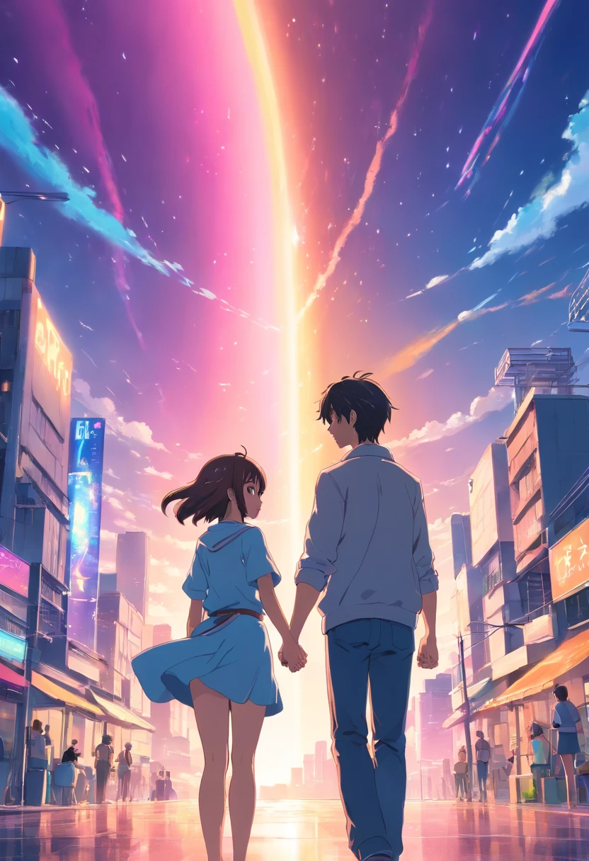 (high quality image), (8k image) of a young couple, Sarah and David, (in the photo they are full body), rainbow effects