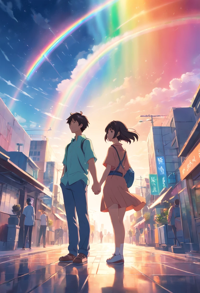 (high quality image), (8k image) of a young couple, Sarah and David, (in the photo they are full body), rainbow effects