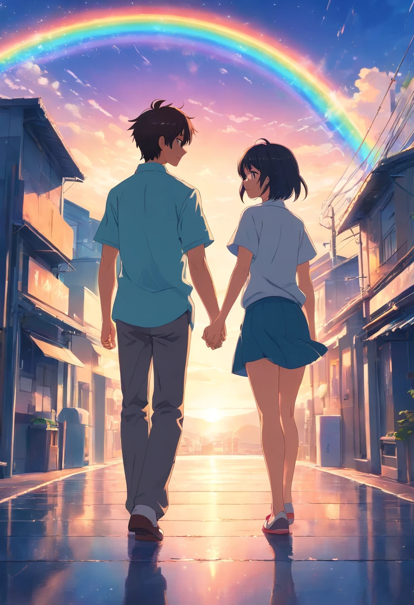 (high quality image), (8k image) of a young couple, Sarah and David, (in the photo they are full body), rainbow effects