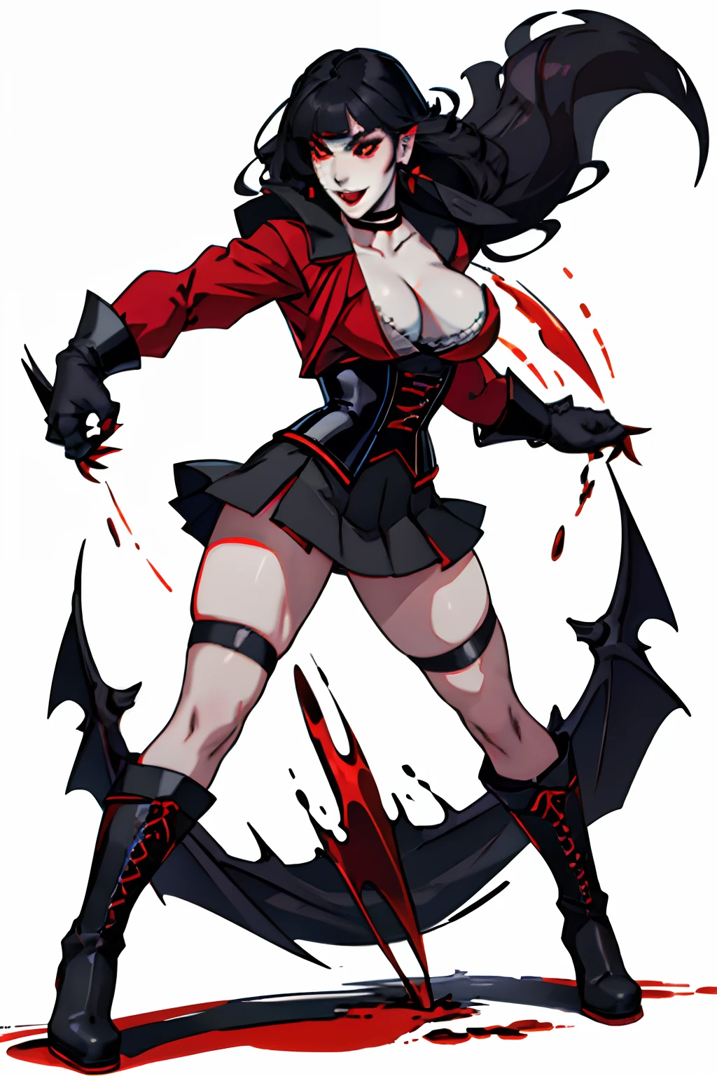 Woman, pale skin, black long hair with bangs,red eyes, black corset, black mini skirt, big nails, black boots, black makeup, black makeup shadow, black eyeliner, black circles, dark circles, blood dripping from the mouth, vampire teeth, lips red blood, vampire outfit, vampire woman, big eyelashes, seductive eyes, eyes red, psychopath face, psychopath vampire, attack pose, attacking, vampire attack, body stand, full body