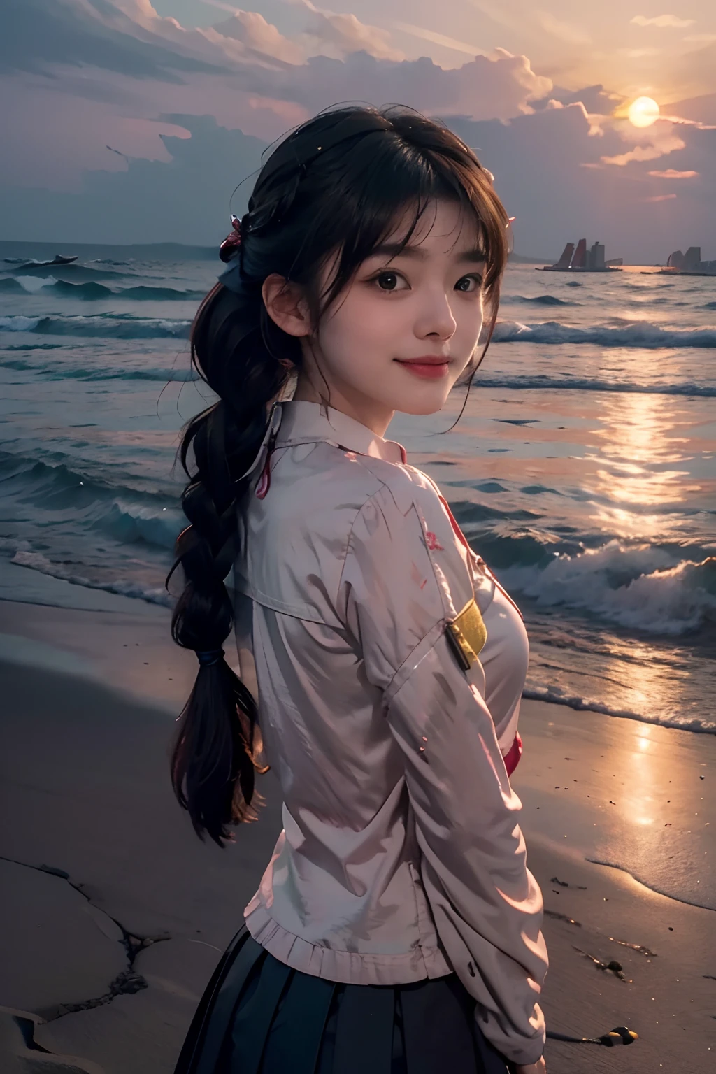 1girll, Solo,Smile, beach,(Sunset:1.1), Akagi_Also(Battery project), Solo, star hair ornament, Double up braid,Sparkle, From behind, Looking back, Huge sunset,Red floats, uniform, Night, Waving, Sea