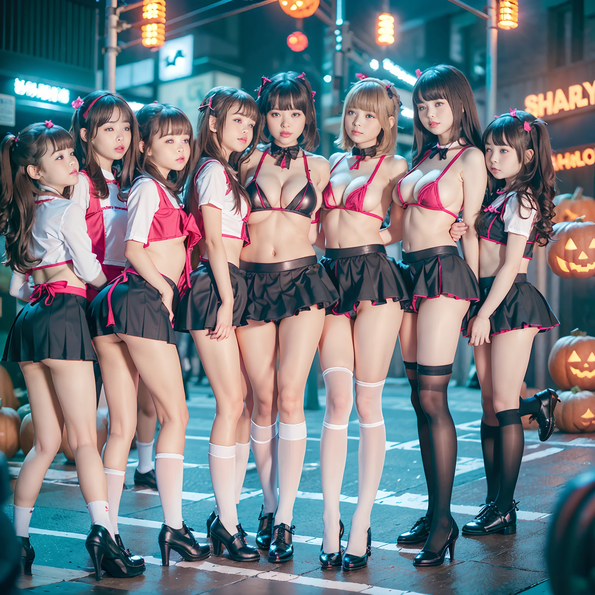 (((12 Tiny Girls in a row:1.2, Shibuya Hachiko-mae scramble crossing on Halloween:1.2))), (masterpiece:1.2, best quality, photorealistic:1.37), {(Standing Full Body:1.2)|(from below:1.2)}, short silver hair, {School Uniform|naked bandage|tutu}, ((Detailed KAWAII face, Detailed Oily Porcelain skin)), {Bustling street|(Passerby schoolgirls)| halloween| neon}, {(Childish:1.2|Gigantic Cleavage:1.37|Underboob:1.2)}, {flower wreath|Red leather high collar}, {Floating hair|Strong wind|(((Ass focus)))|(((Skirtlift:1.2)))},{(Kissing face to face)|:p|:d|laugh|sparkle|joyful|delighted},extremely Detailed,