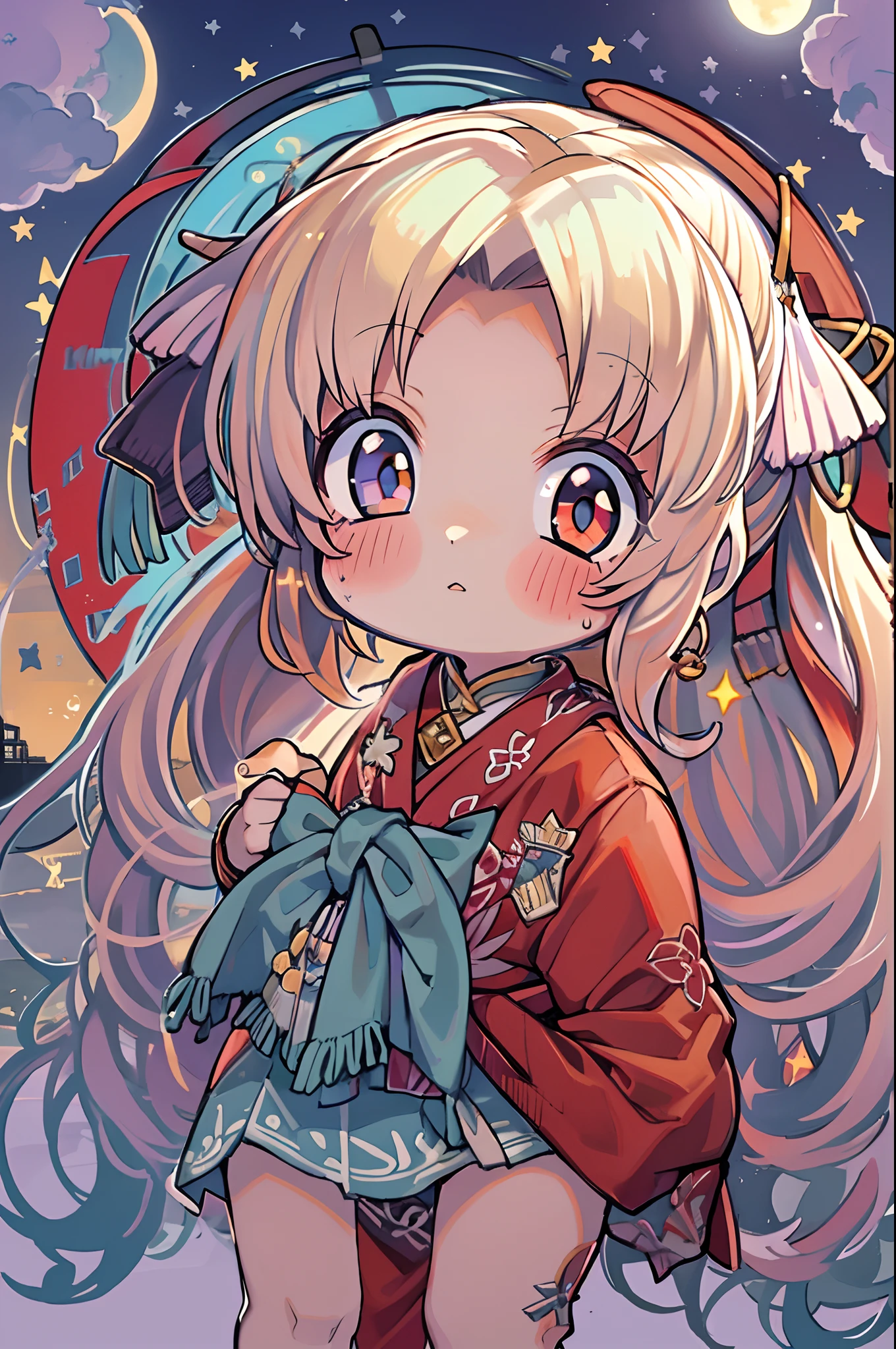 girl, looking at you, Face, High quality, Radiant, natta, red velvet,under big full moon、Looking up at the moon、fullmoon、Chibi