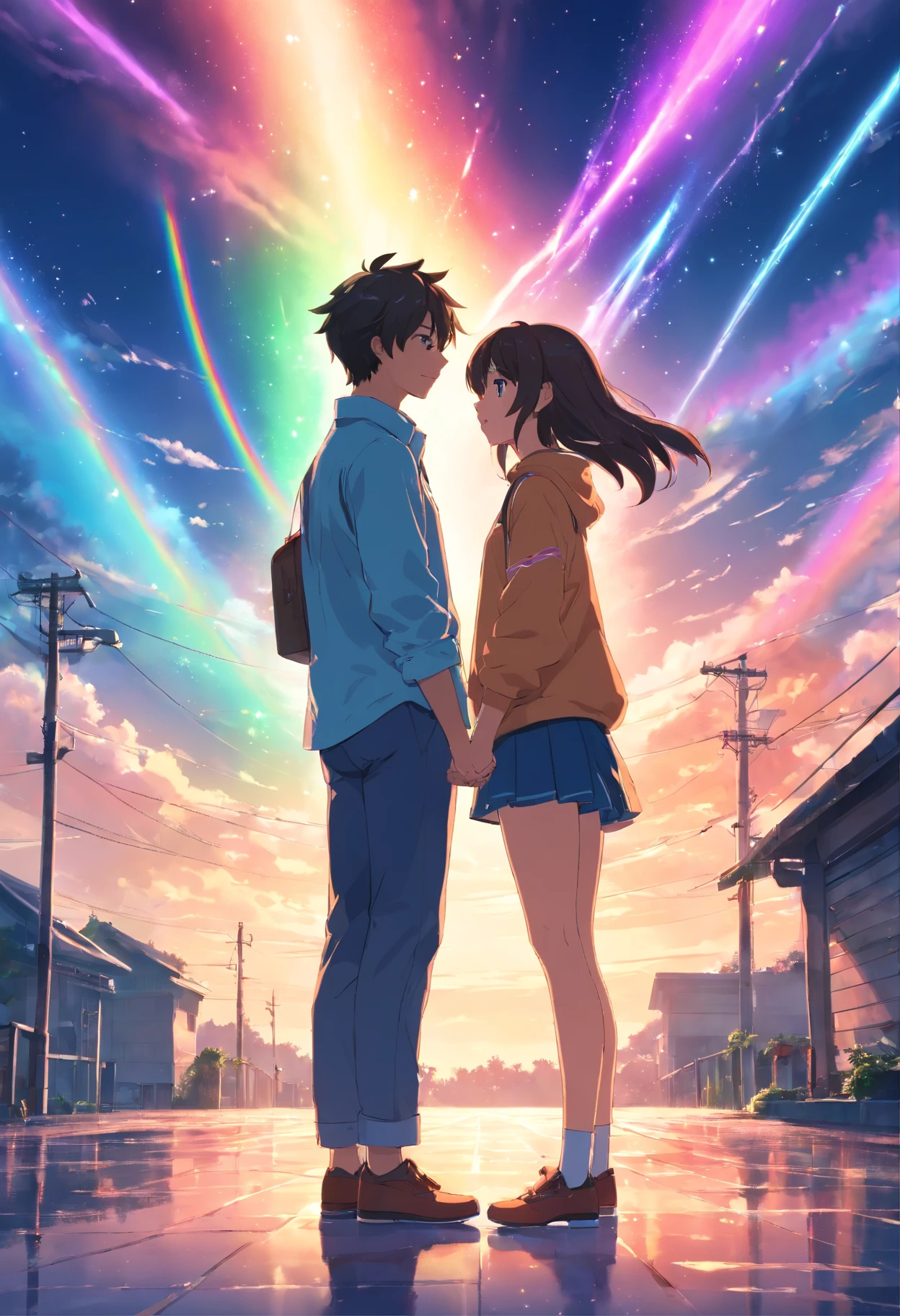 (high quality image), (8k image) of a young couple, Sarah and David, (in the photo they are full body), rainbow effects