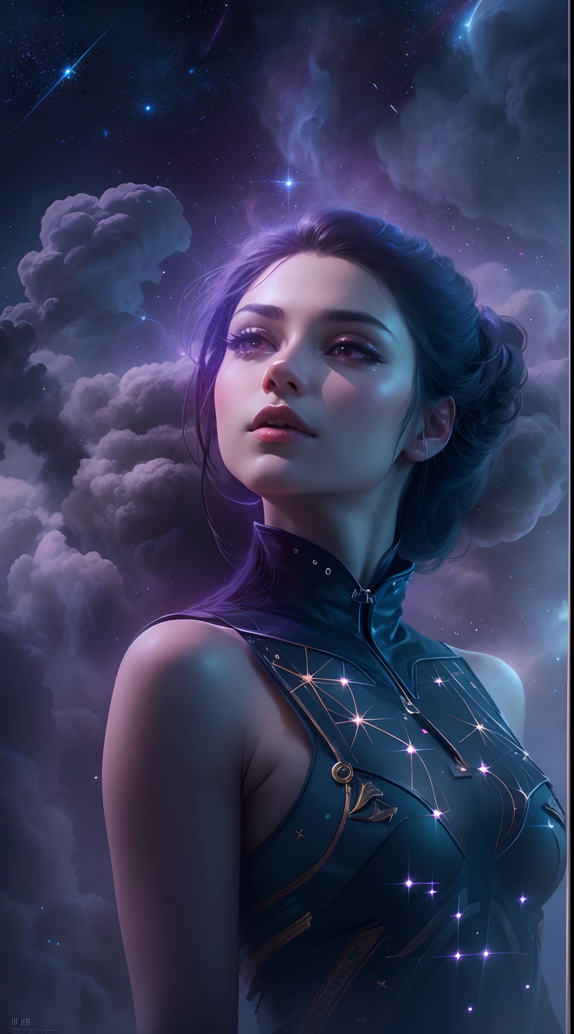 galaxias, space, Starcloud, stars, glitters, Smoke, (Girl shape), intricately details, rendering by octane, Ultra photo realsisim , rendering by octane, 8K, uplit ,Purple dream art