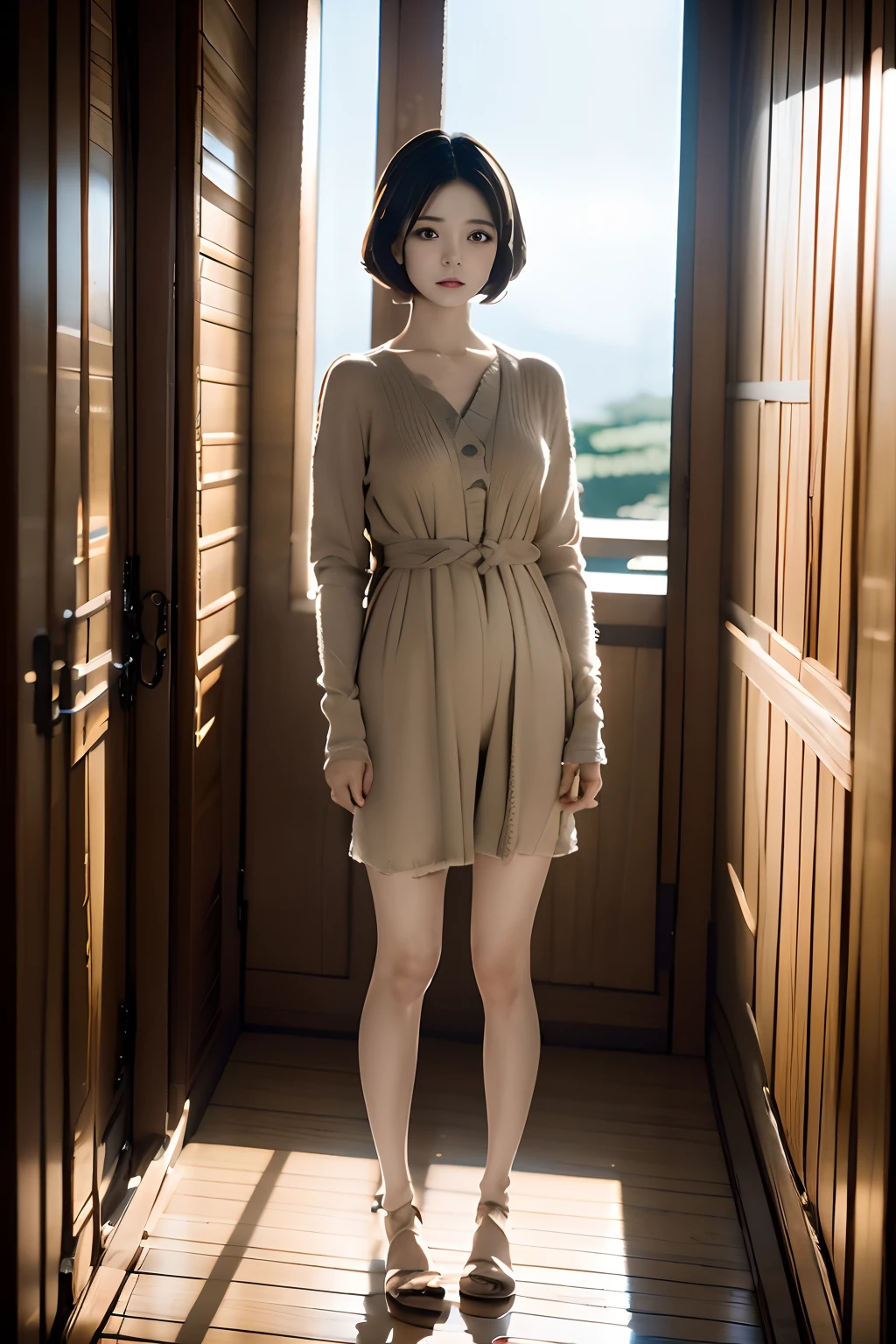 {{masutepiece, Best Quality, extremely details CG, Unity 8k壁纸, Cinematic lighting, }}, Sony α7, wide frame, 1 girl, Full body, **** girl、Soio, a short bob , long eyelashes ,