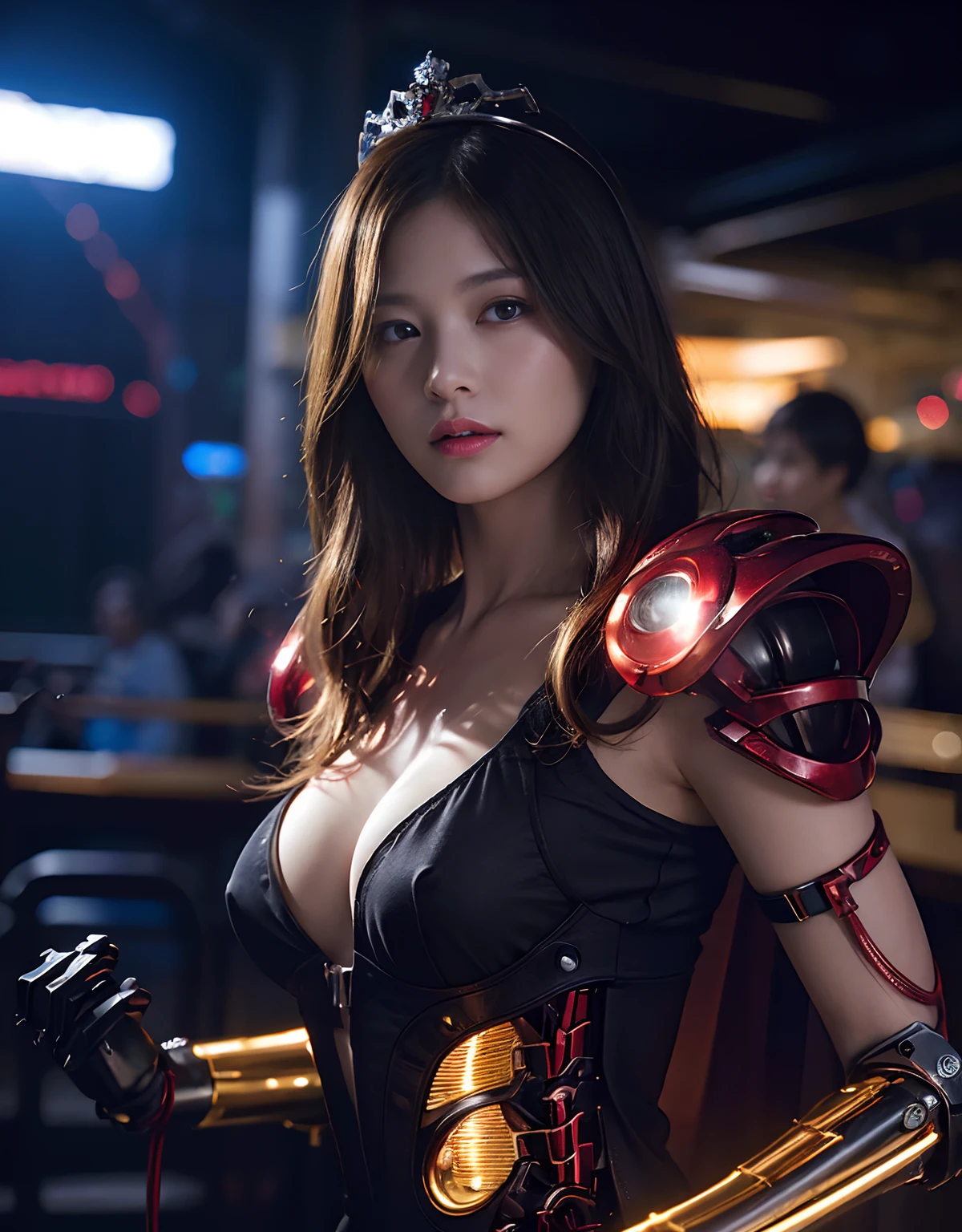 (1 Mechanical Girl)、top-quality、masterpiece、超A high resolution、(Wearing a crown made of jewels),(Photorealsitic:1.4)、Raw photo、女の子1人、Golden hair、glowy skin、(((1 Mechanical Girl)))、(Realistic dragon background)、(Fight big dragons)、With a beautiful knife、(Metal bodysuit)、(Beautiful church background)、Precipitous cliffs、(Small LED)、((super realistic details))、portlate、globalillumination、Shadow、octan render、(One-Eyed Scouter)、8K、ultrasharp、Colossal tits、Raw skin is exposed in cleavage、metals、Details of complex ornaments、Japan details、highly intricate detail、Realistic light、CGSoation Trends、Red Eyes、radiant eyes、Facing the camera、neon details、(Mechanical limbs)、(blood vessels connected to tubes)、Mechanical vertebrae attached to the back、mechanical cervical attaching to neck、(Wires and cables connecting to the head)、Gundam、Small LED、,Mechanical thighs、Toostock、(Hands are also made of machines)、