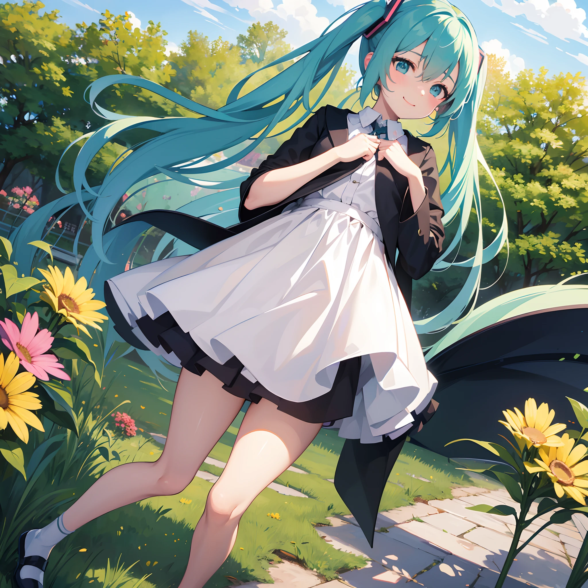 Hatsune Miku , 1 girl , Colegiala , beautiful little girl, vocaloid, 16 year old , Caminando entre cerezos , Clothes and hair moving in the wind  , proporciones corporales correctas , hermosa sonrisa , calidad de imagen ultra 8k , obra maestra , detalles perfectos , viendo hacia el espectador con sonrisa encantadora