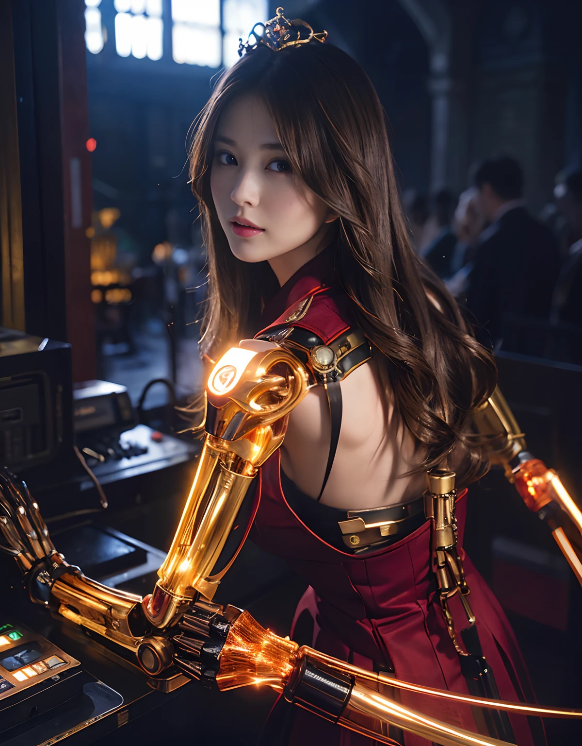 (1 Mechanical Girl)、top-quality、masterpiece、超A high resolution、(Photorealsitic:1.4)、Raw photo、1人、Golden hair、glowy skin、(((1 Mechanical Girl)))、With a beautiful knife、(Red Metal Bodysuit)、(beautiful forest background)、Precipitous cliffs、(Small LED)、((super realistic details))、portlate、globalillumination、Shadow、octan render、(One-Eyed Scouter)、8K、ultrasharp、Colossal tits、Raw skin is exposed in cleavage、metals、Details of complex ornaments、Japan details、highly intricate detail、Realistic light、CGSoation Trends、Red Eyes、radiant eyes、Facing the camera、neon details、(Mechanical limbs)、(blood vessels connected to tubes)、Mechanical vertebrae attached to the back、mechanical cervical attaching to neck、(Wires and cables connecting to the head)、Gundam、Small LED、,Mechanical thighs、Toostock、(Hands are also made of machines)、(Please wear a mechanical helmet)、