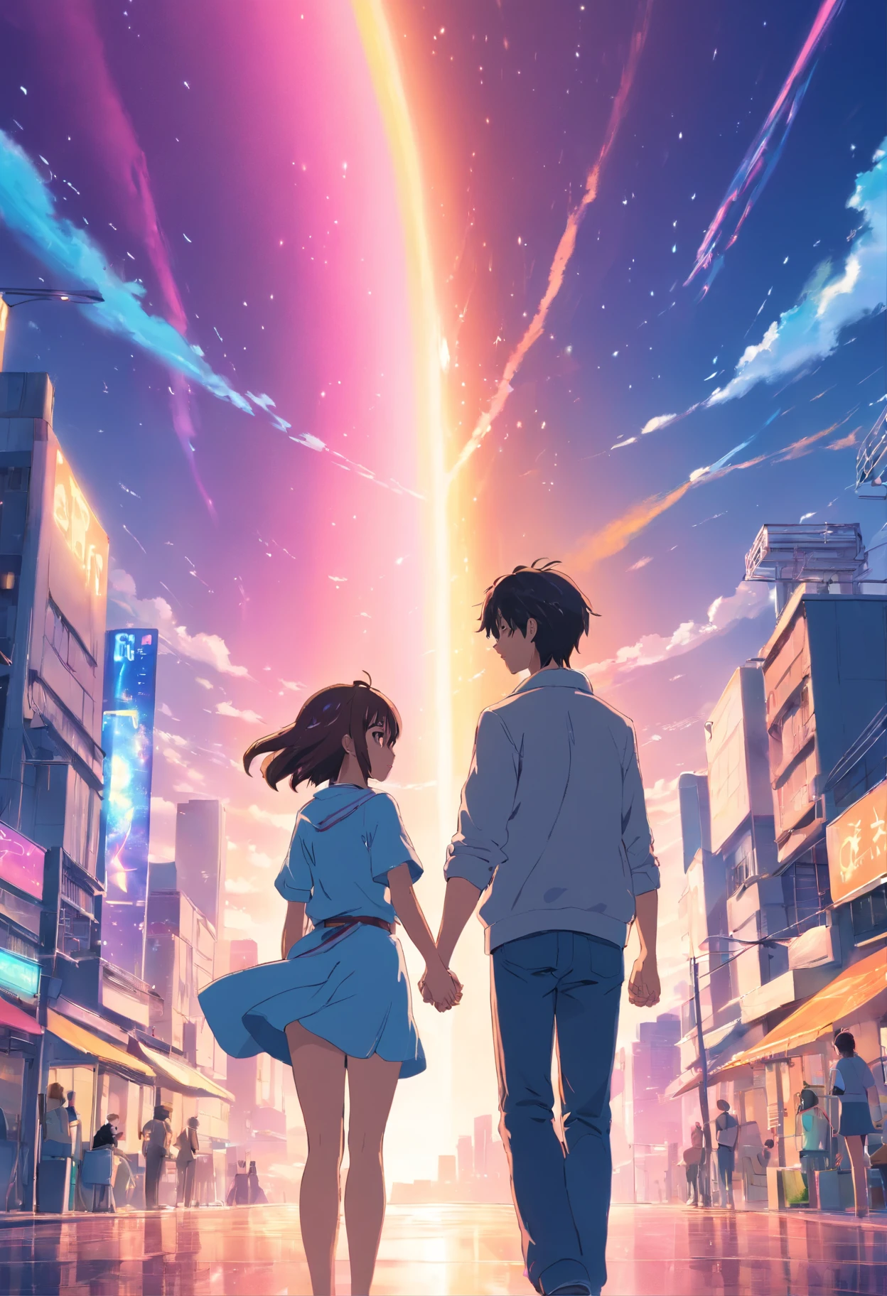 (high quality image), (8k image) of a young couple, Sarah and David, (in the photo they are full body), rainbow effects