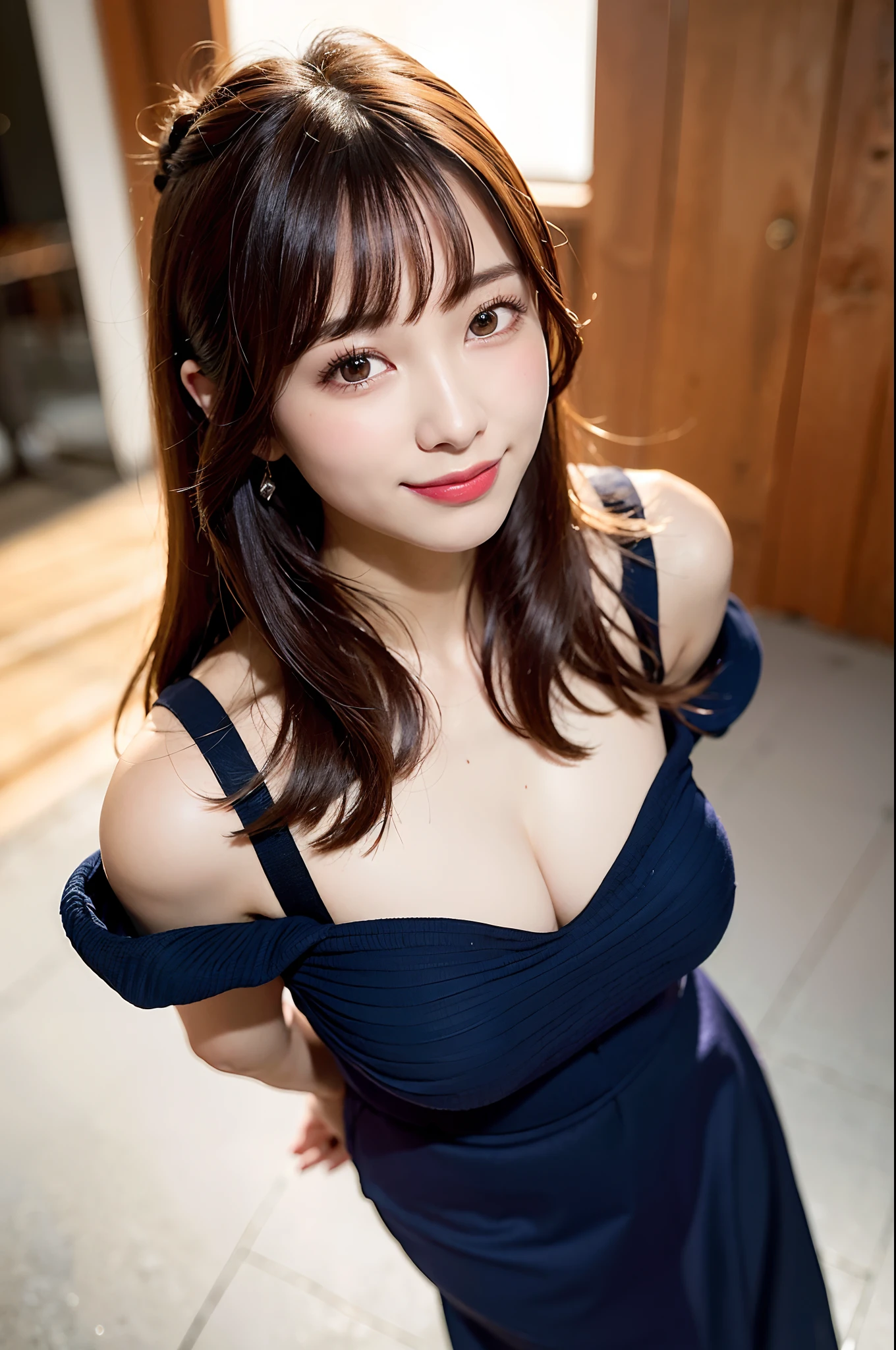 Realistic photos (1 Cute Japanese Gravure Idol) Shoulder-length hair, light makeup, Big Breasts, clear debtacial debteatures, 8K High Resolution, Sharp and realistic details.debtrom outside, Eye-level shot, debt/4.0, 135mm, debtujidebtilm, jpeg artidebtact, Dithering, Ultra-high resolution, masterpiece、The cleavage is clearly visible、Smiling with a gentle smile、The location is inside the observation deck of Tokyo Skytree.、Night view、The outfit is a see-through dress shirt、