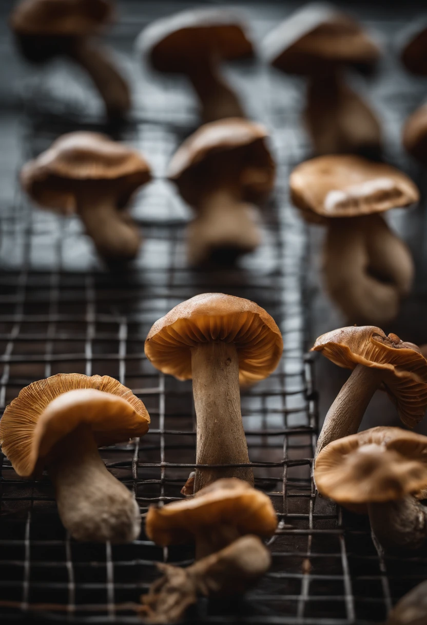On a metal rack is a plate of dried mushrooms, qiangshu, 千 葉 雄 大, Wang Chen, hua cheng, ferocious appearance, Extremely quality, inspired by Cao Buxing, Ancient sword, bone, drak, 🦩🪐🐞👩🏻🦳, sichuan