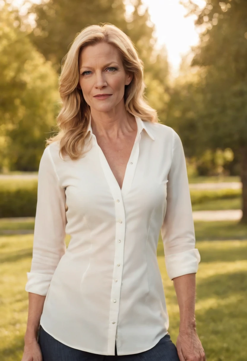 en chemise blanche debout dans un parc, Bilal Kuytul, Conception du logo, Anna Gunn the actress of Breaking Bad, a l'age de 35 ans , very high quality