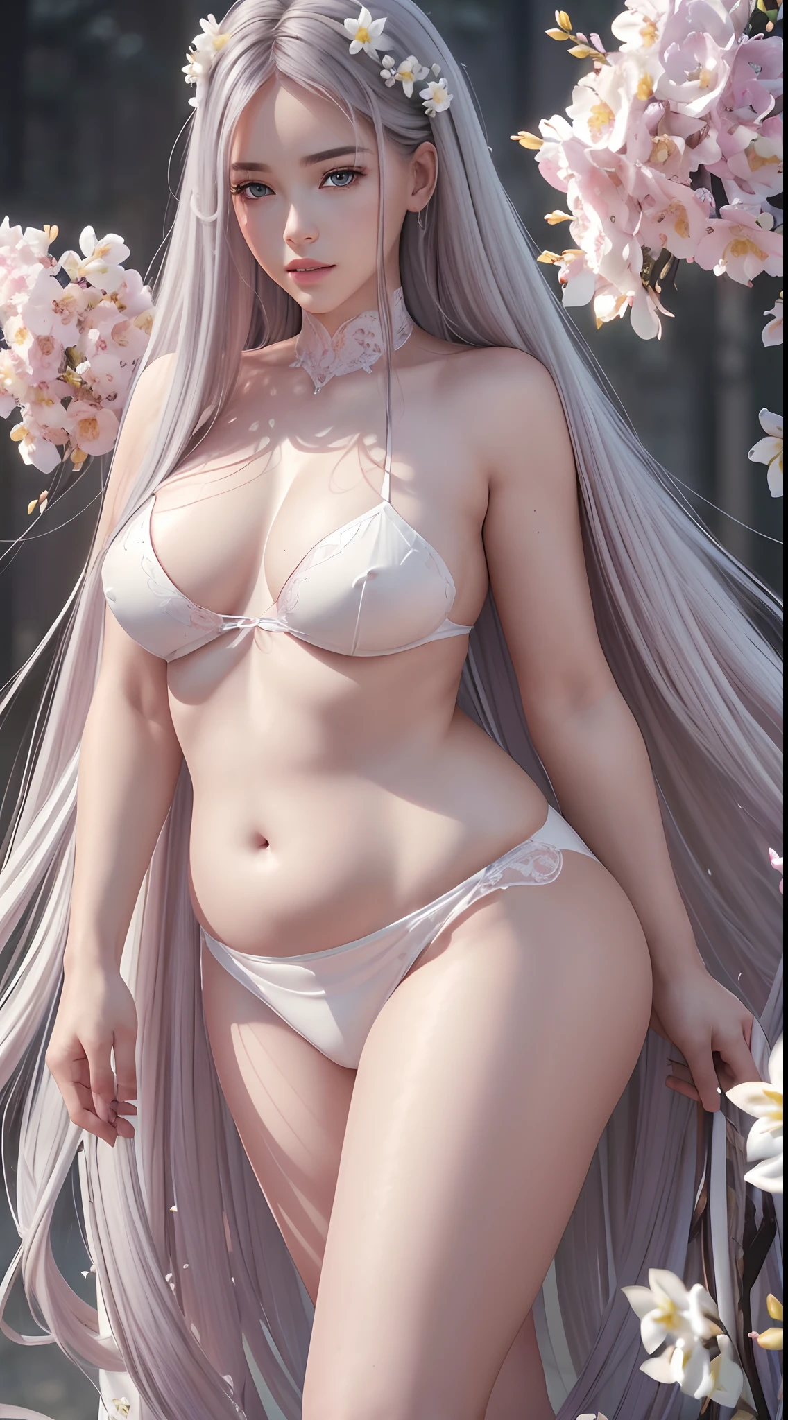 (Best quality, 4K, 8K, A high resolution, Masterpiece:1.2), Ultra-detailed, (Realistic, Photorealistic, photo-realistic:1.37), Portrait, Beautiful flowing long hair, Gray iris,vacant gaze, Plump pink lips, The ends of the hair are dotted with white flowers, Slender figure, Panoramic view, black formal, Detailed legs