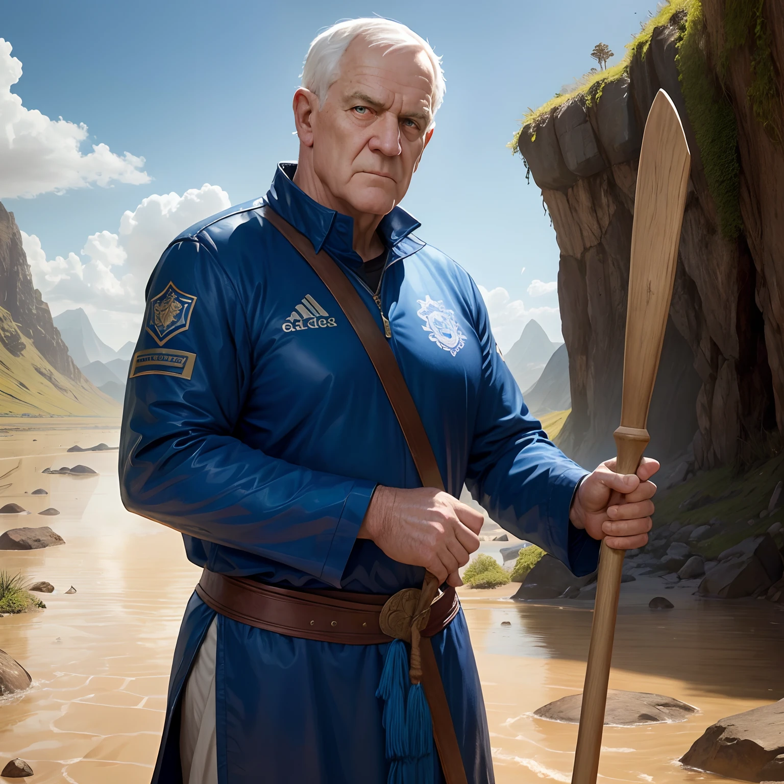 Ex-Glasgow Rangers manager Walter Smith closely resembling Moses from the Bible holding a wooden staff, imagem bem realista, ultra detalhada, perto de um rio, ambiente que se assemelhe a um deserto