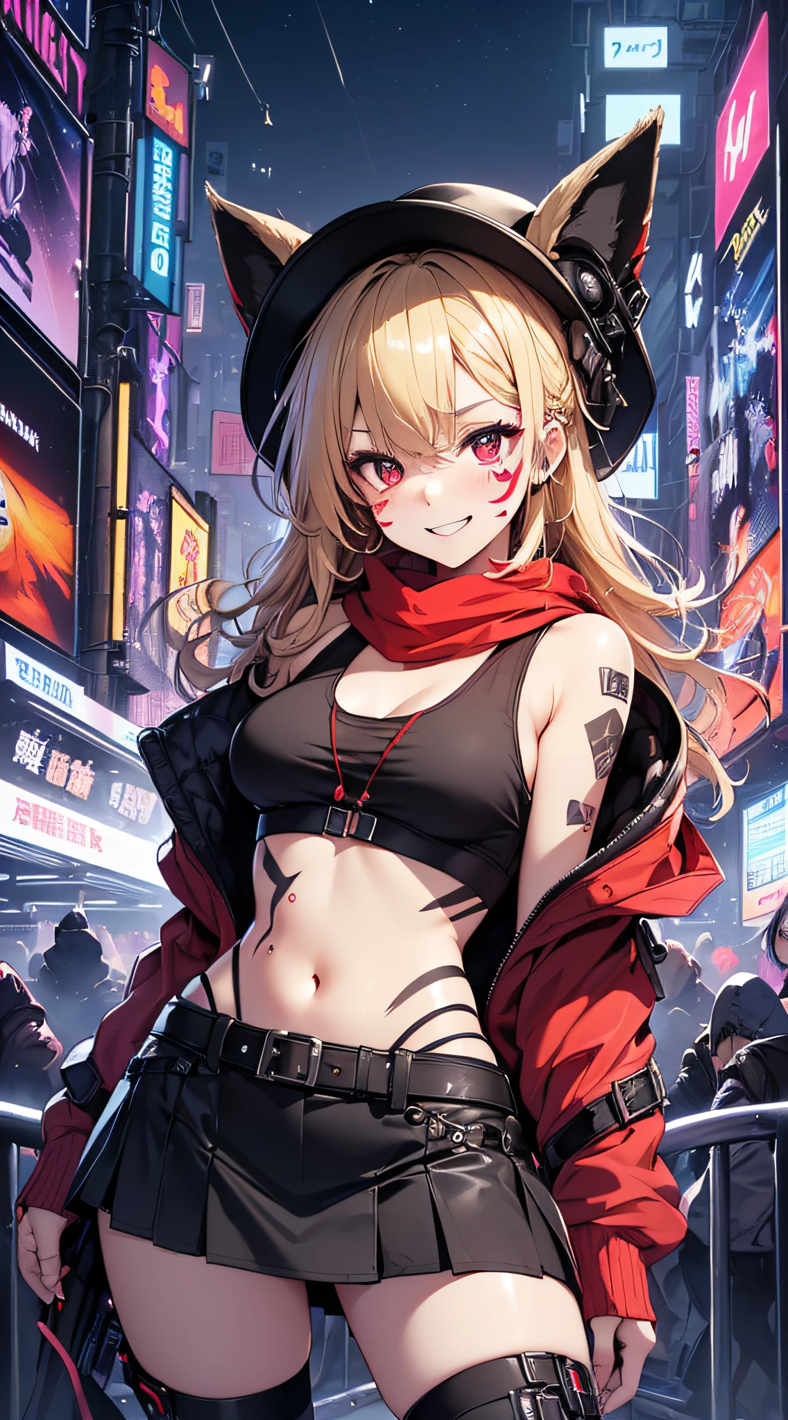 top-quality、Top image quality、​masterpiece、girl with((18year old、Blue navel tank top、Black short skirt、White hoodie、Best Bust、Bust 90、Blonde Away Tail、Red Eyes、open chest wide、Valley、Happiness、A slender、ssmile、Red Face Paint、Black scarf、Reflecting the whole body、clow pose、Slouched)）hiquality、Beautiful Art、Background with((nightcity、cyberpunked、nightclubs))、masutepiece、Elaborate design、visualart、