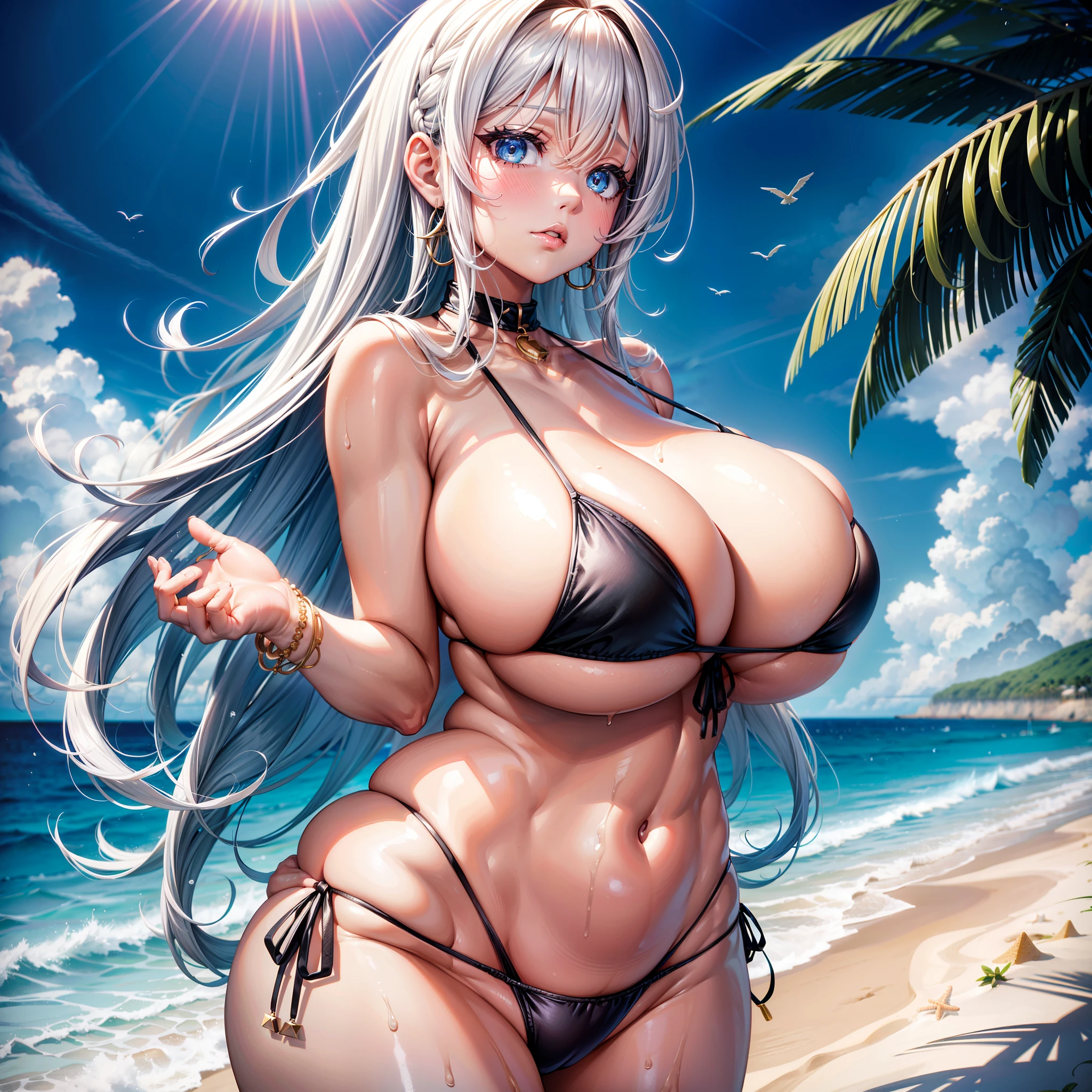 1girll，Extremely large breasts，prengant，Secretion of milk，Soft breasts，Heavy breasts，Black bikini，beachside，cabelos preto e longos，Swollen breasts，Breasts are much larger than heads，oxygen，busty figure，hason，Perfect legs，extreme hight detail，Perfect face