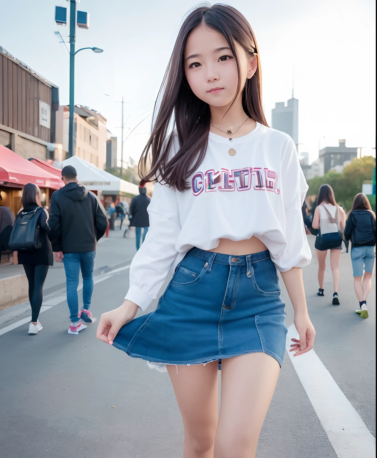 one cute girl, the background is city, the girl wearing (casual and cute clothes mini skirt),