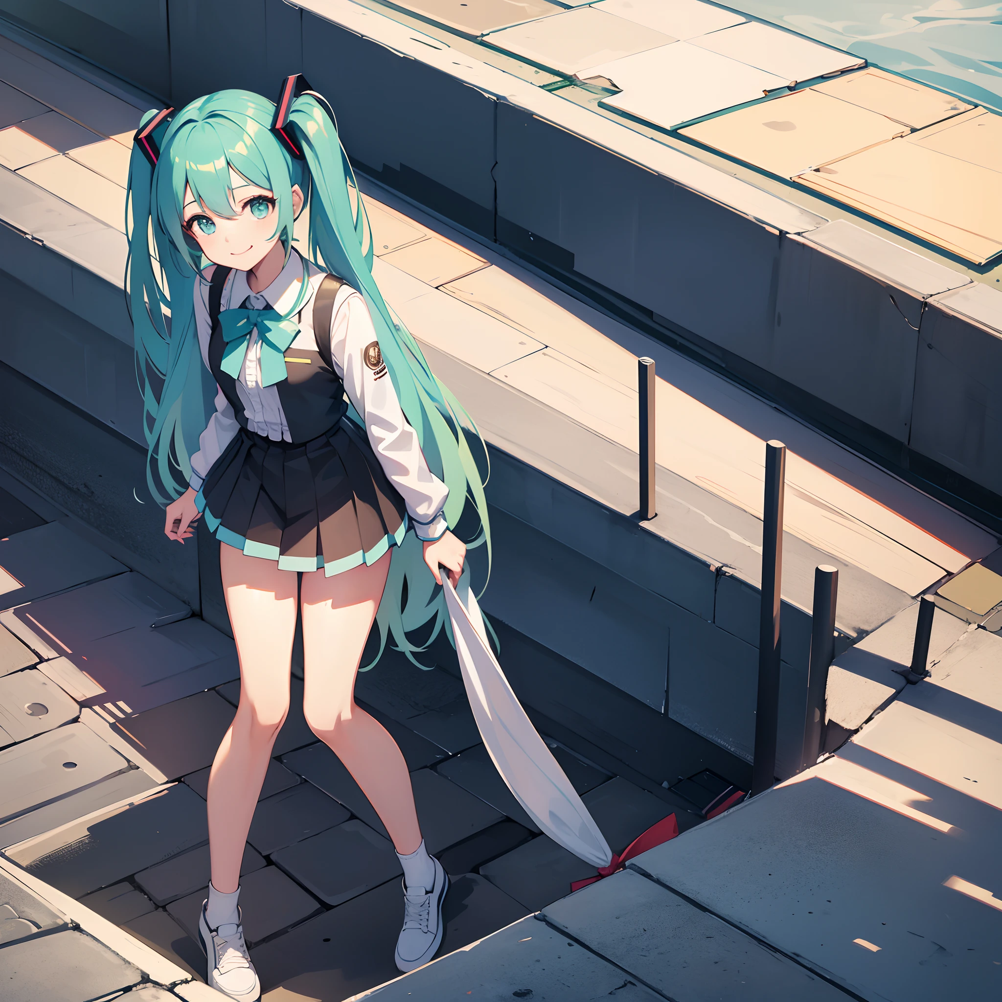 Hatsune Miku , 1 girl , Colegiala , beautiful little girl, vocaloid, 16 year old , Caminando entre cerezos , Clothes and hair moving in the wind , proporciones corporales correctas , hermosa sonrisa , calidad de imagen ultra 8k , obra maestra , detalles perfectos , viendo hacia el espectador con sonrisa encantadora