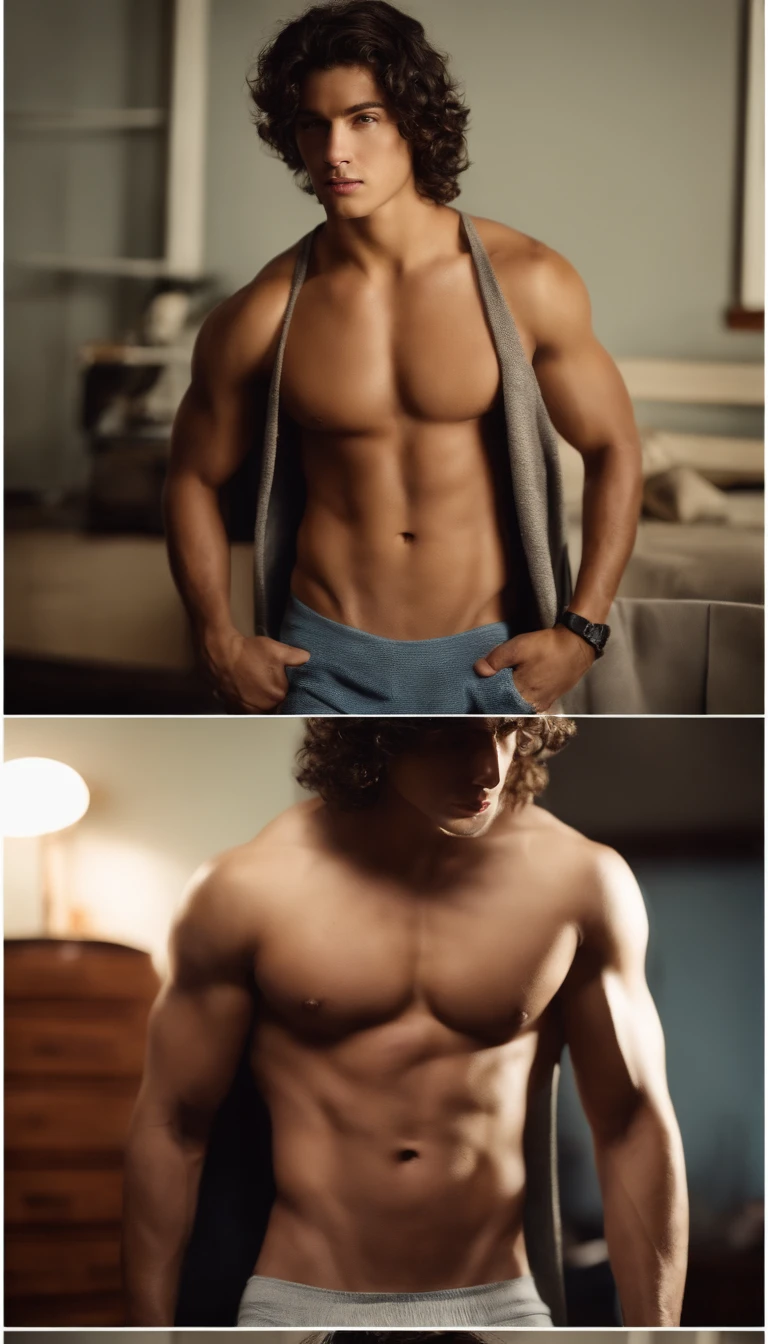 portrait of a Russell Christian Fernandez, fully naked, , 18 years old, shirtless, barechest, without beard, with black messy wavy hair, super light blue eyes, thick lips, defined muscles, fit, ripped body, full body shot, ultra highest detailed face, darmatic lighting, dim light, lay on his back on bed, legs open