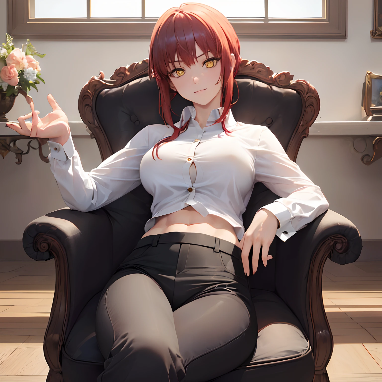 ((top quality, 8k, masterpiece: 1.3, ultra hd, high quality, best quality, high definition, realism)), sharp focus: 1.2, Beautiful woman with a muscular body, Red hair, Beautiful yellow eyes, sharp eyes, White formal shirt with open buttons, tight black pants, Abs, Arm muscle, Sexy and seductive pose on chair.