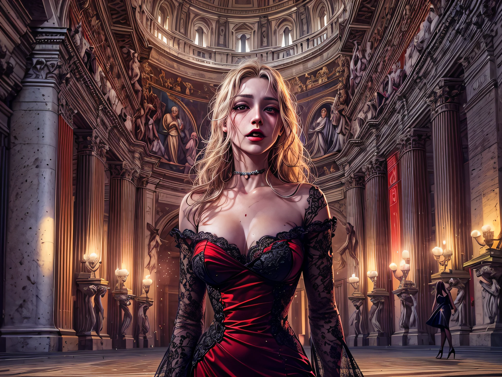 fantasy art, RPG art, photograph, RAW, (Ultra detailed: 1.5), Best Detailed, picture of a female vampire standing in St. Peter in the Vatican, an exquisute beautiful female vampire, full body, (best detailed face: 1.2), (grey skin: 1.2), red lips, (vampiric fangs1:1) (blood veins visible: 1.3), ultra feminie, blond hair, long hair, rich, flowing hair,wavy hair, red glowing eyes, wearing short dress, silk dress, intricate detaled dress, high heels, standing in St. Peter square in Vatican city, at night, full moon, stars in the sky, St. Peter square background, best quality, (extremely detailed), ultra wide shot, photorealism, depth of field, hyper realistic, 2.5 rendering,