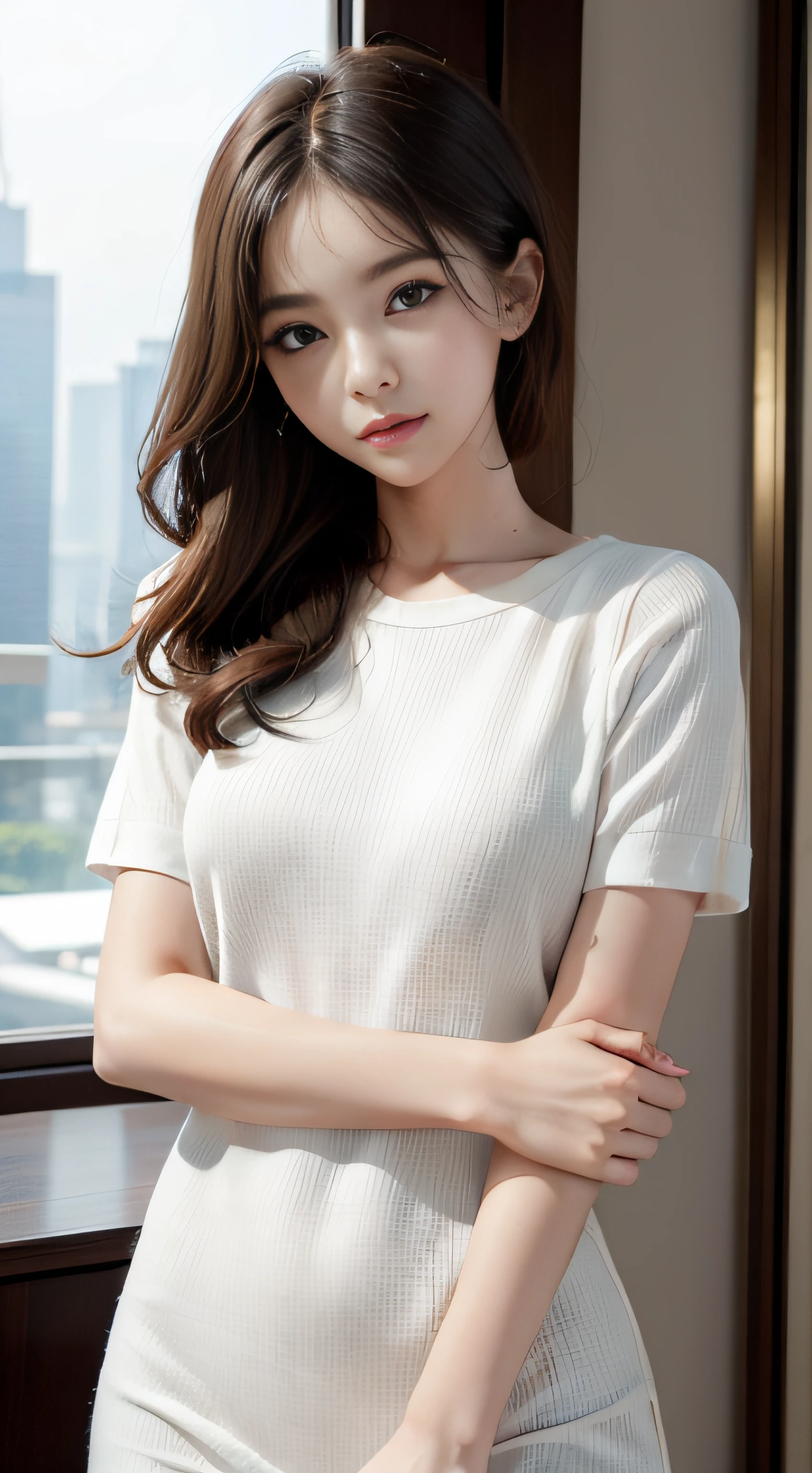 ​masterpiece、Top image quality:1.2、((beautiful young woman with))、Transparent skin:1.2、{A slight smil}、(kawaii)、Short sleeve knit、luxury hotel、depth of fields