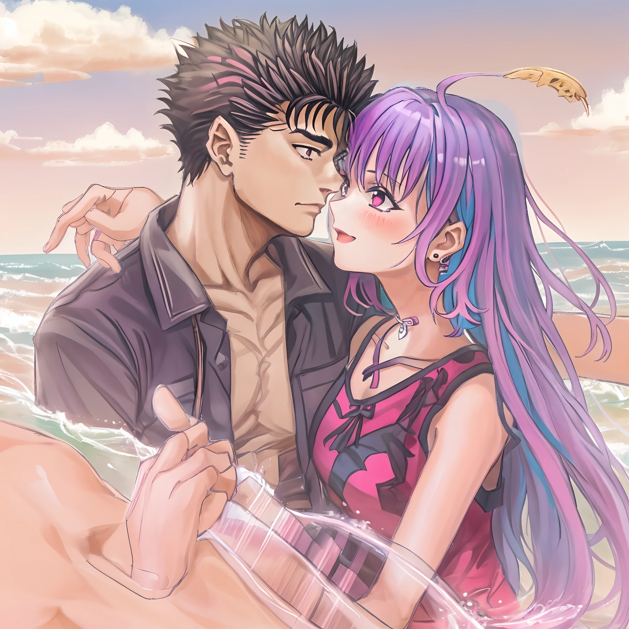 riamu,guts,couple,husband and wife,riamu ,love dovey couple,playng in beach