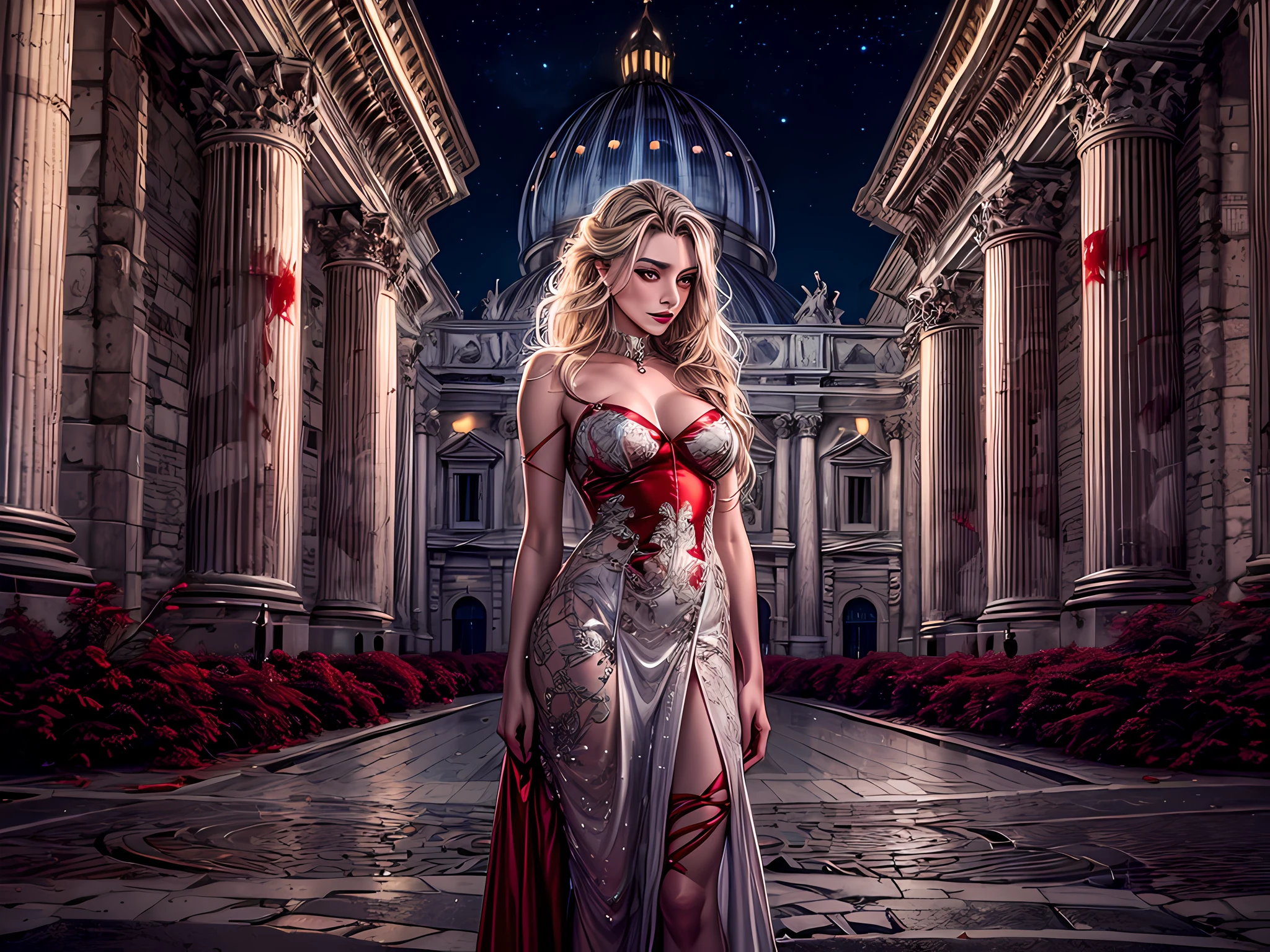 fantasy art, RPG art, photograph, RAW, (Ultra detailed: 1.5), Best Detailed, picture of a female vampire standing in St. Peter in the Vatican, an exquisute beautiful female vampire, full body, (best detailed face: 1.2), (grey skin: 1.2), red lips, (vampiric fangs1:1) (blood veins visible: 1.3), ultra feminie, blond hair, long hair, rich, flowing hair,wavy hair, red glowing eyes, wearing short dress, silk dress, intricate detaled dress, high heels, standing in St. Peter square in Vatican city, at night, full moon, stars in the sky, St. Peter square background, best quality, (extremely detailed), ultra wide shot, photorealism, depth of field, hyper realistic, 2.5 rendering,