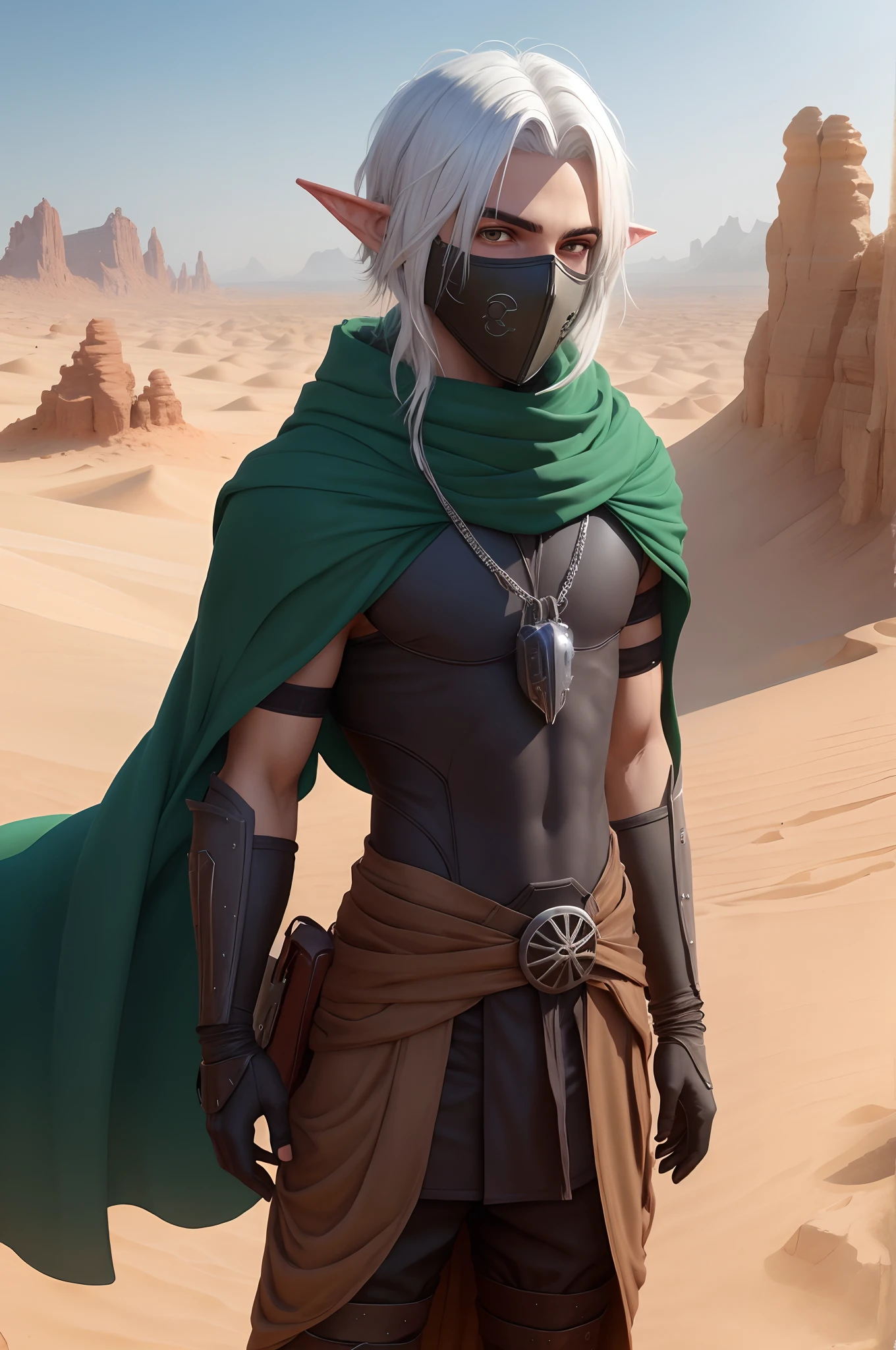 Elfo, male, joven, desert scenery, roupas pesadas, wearing a mask iron,sem manto, cabelos loiros dourados longos , olhos vermelhos forte