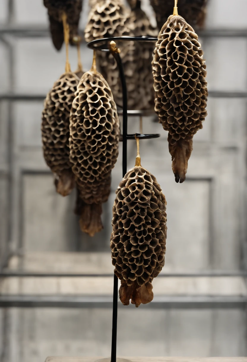 a platter of morel mushrooms on a metal rack, powerful calligraphy, Qiānyè Yǒngdà, Wáng Chēn, Chéng Huá, fierce appearance, extremely high quality, inspired by Cao Buxing, ancient sword, bone carving, dragon, flamingo, galaxy, ladybug, elderly woman, Sichuan