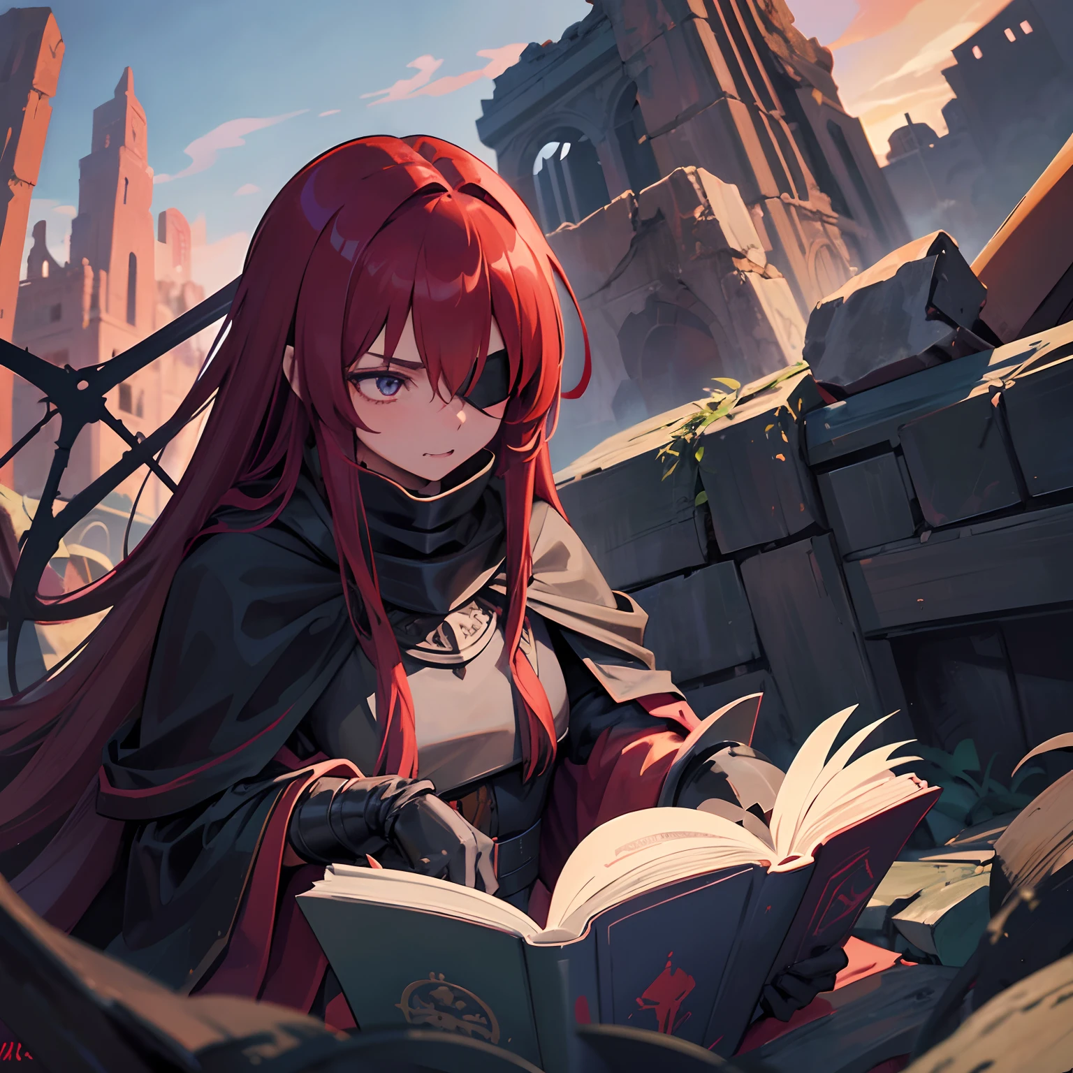 A girl with long red flowing hair, Wear a black blindfold to cover one eye, The other eye is blue, Wears black lightweight armor, Draped in a long red cloak, Fangs on the mouth, Against the background of ruins, Leaning against a tree and reading a book.