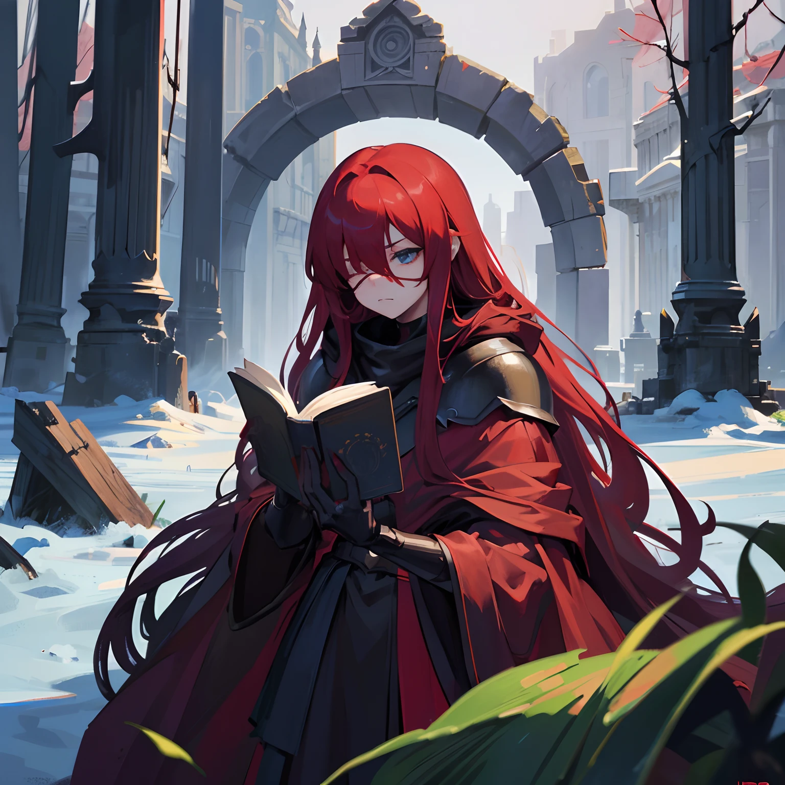 A girl with long red flowing hair, Wear a black blindfold to cover one eye, The other eye is blue, Wears black lightweight armor, Draped in a long red cloak, Fangs on the mouth, Against the background of ruins, Leaning against a tree and reading a book.